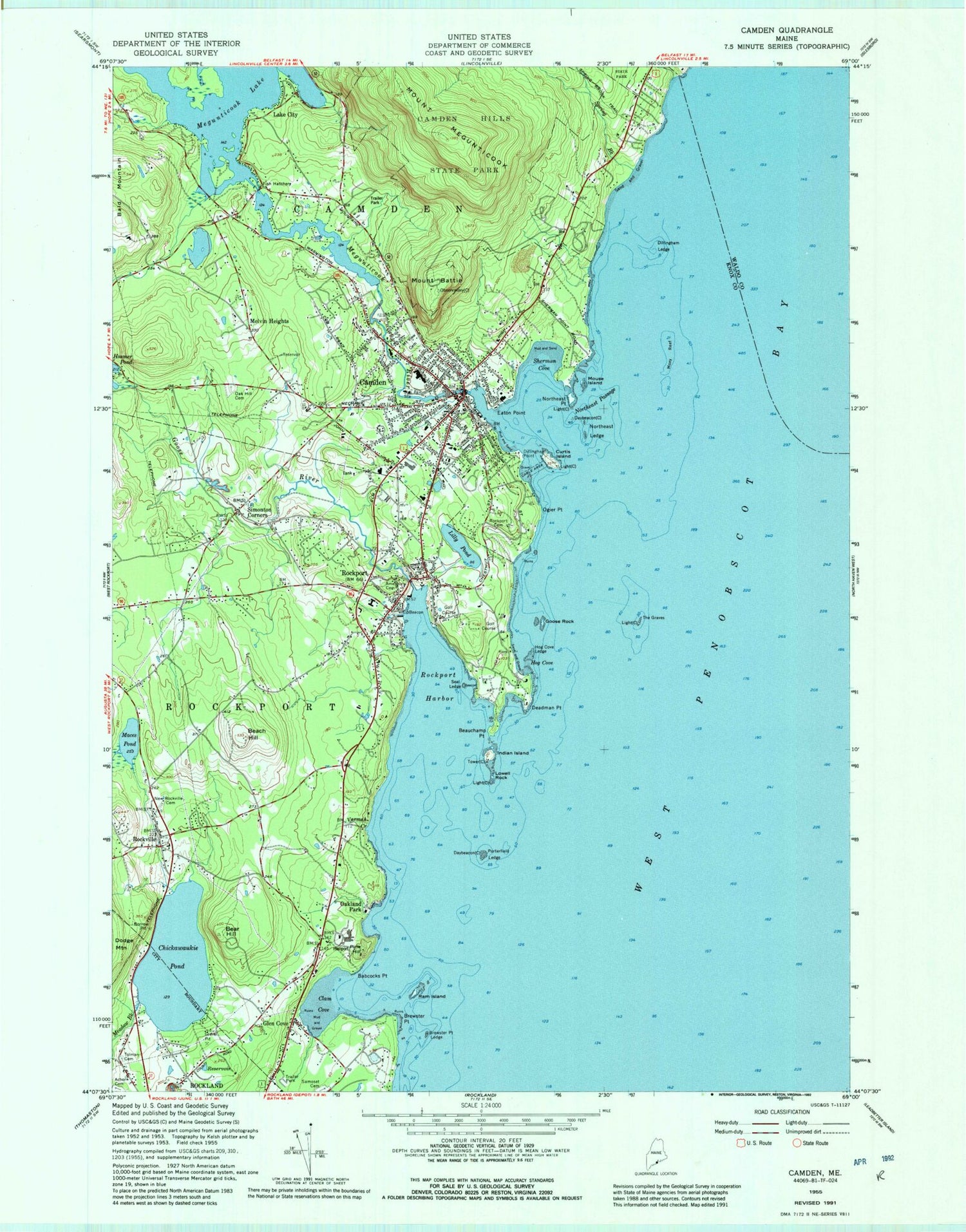 Classic USGS Camden Maine 7.5'x7.5' Topo Map Image