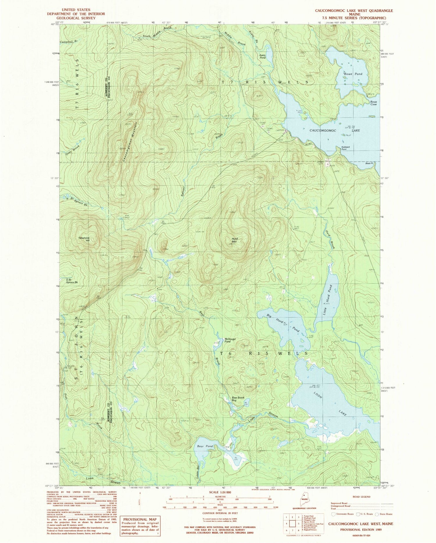 Classic USGS Caucomgomoc Lake West Maine 7.5'x7.5' Topo Map Image