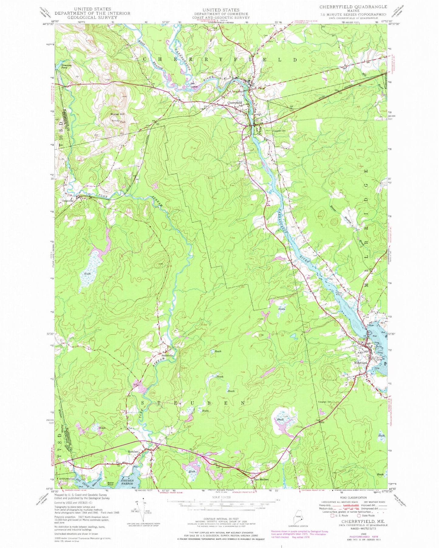 Classic USGS Cherryfield Maine 7.5'x7.5' Topo Map Image