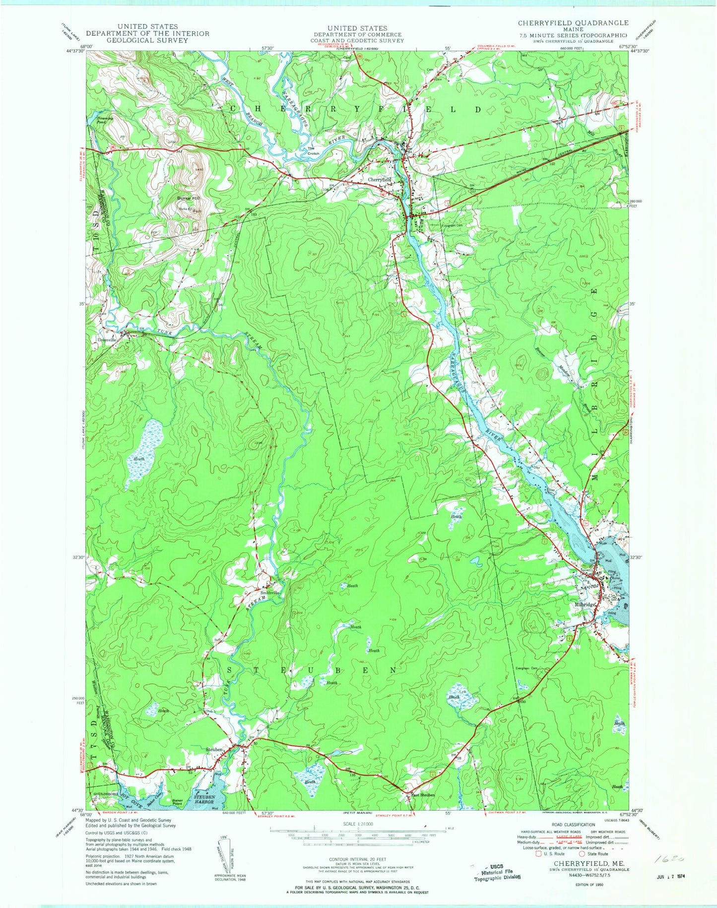 Classic USGS Cherryfield Maine 7.5'x7.5' Topo Map Image