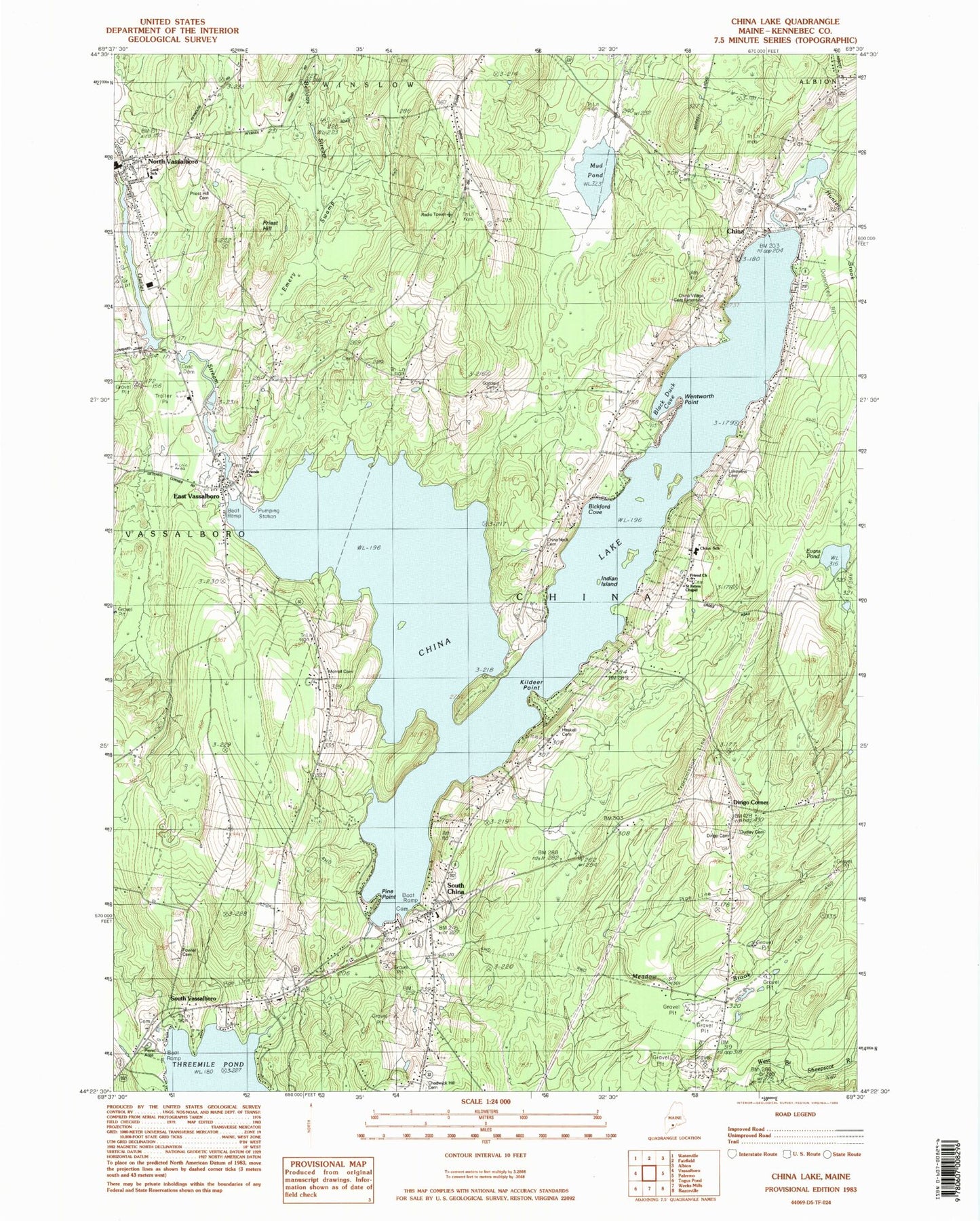 Classic USGS China Lake Maine 7.5'x7.5' Topo Map Image