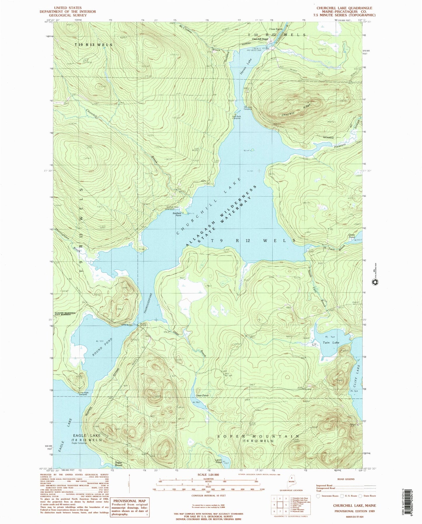 Classic USGS Churchill Lake Maine 7.5'x7.5' Topo Map Image
