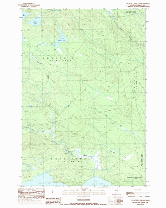 Classic USGS Churchill Stream Maine 7.5'x7.5' Topo Map Image
