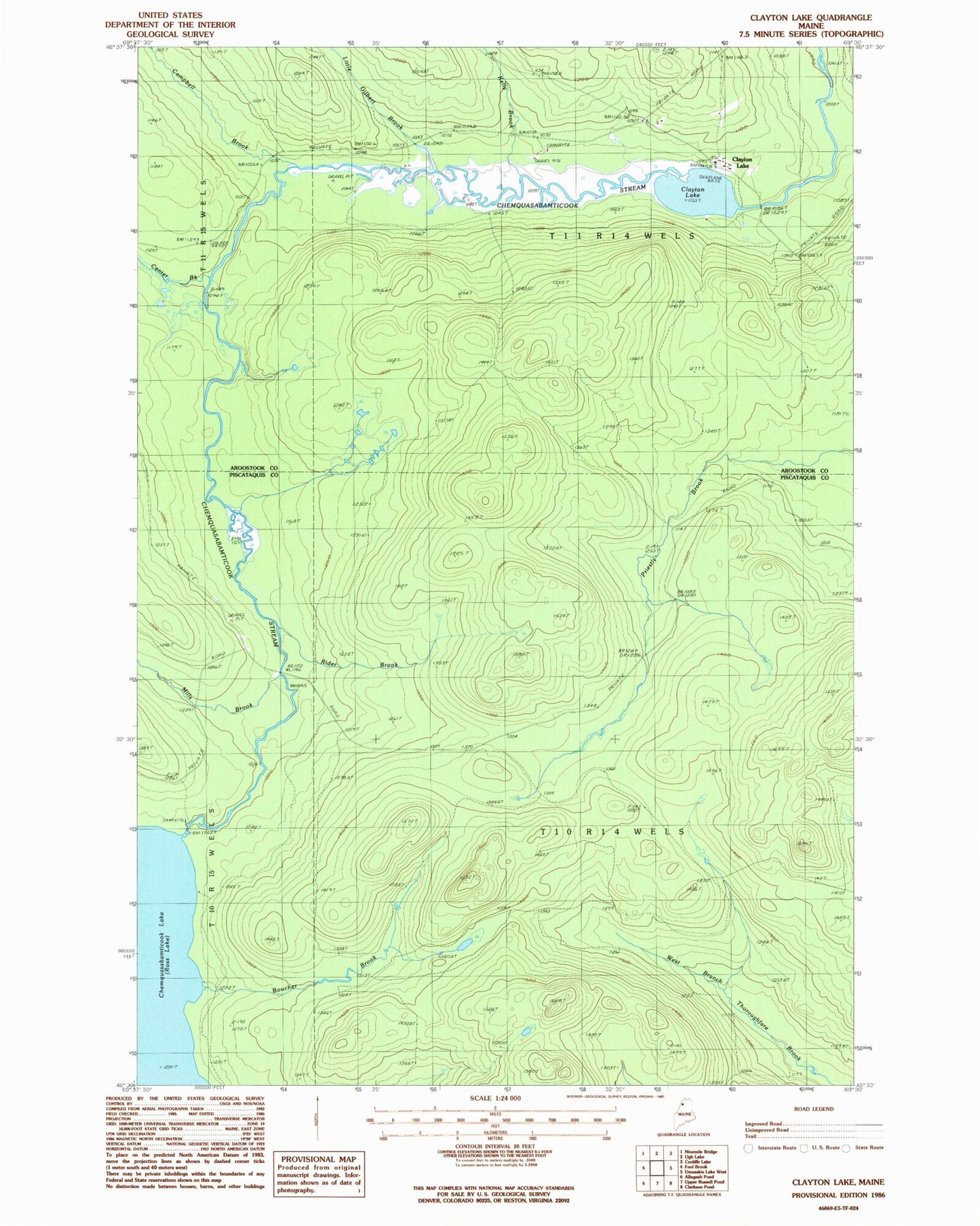 Classic USGS Clayton Lake Maine 7.5'x7.5' Topo Map Image