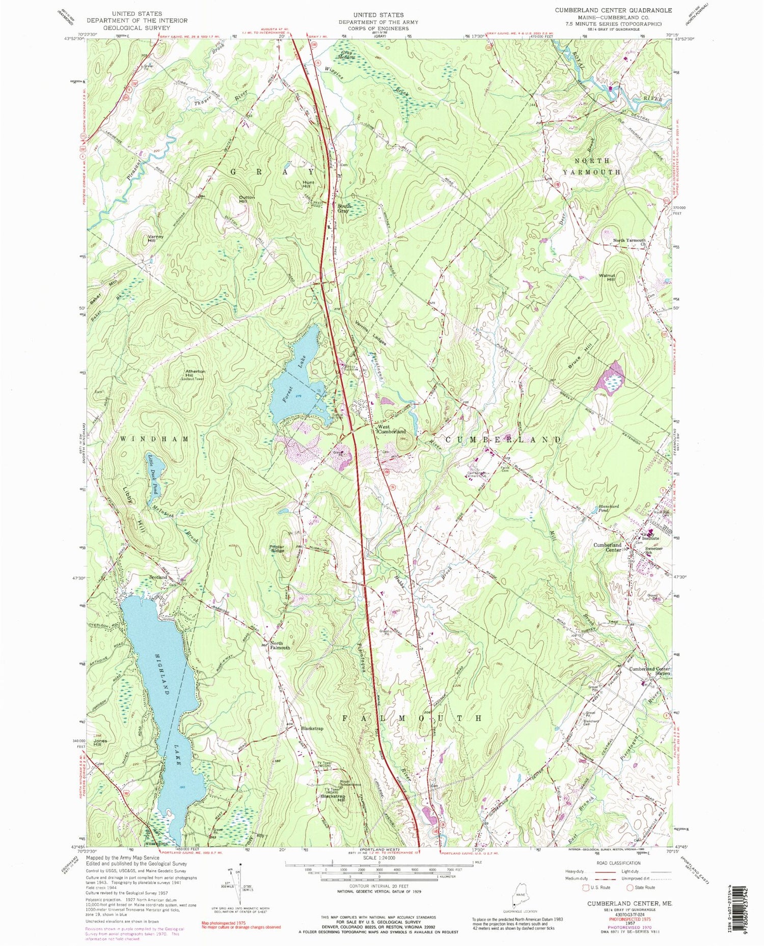 Classic USGS Cumberland Center Maine 7.5'x7.5' Topo Map Image