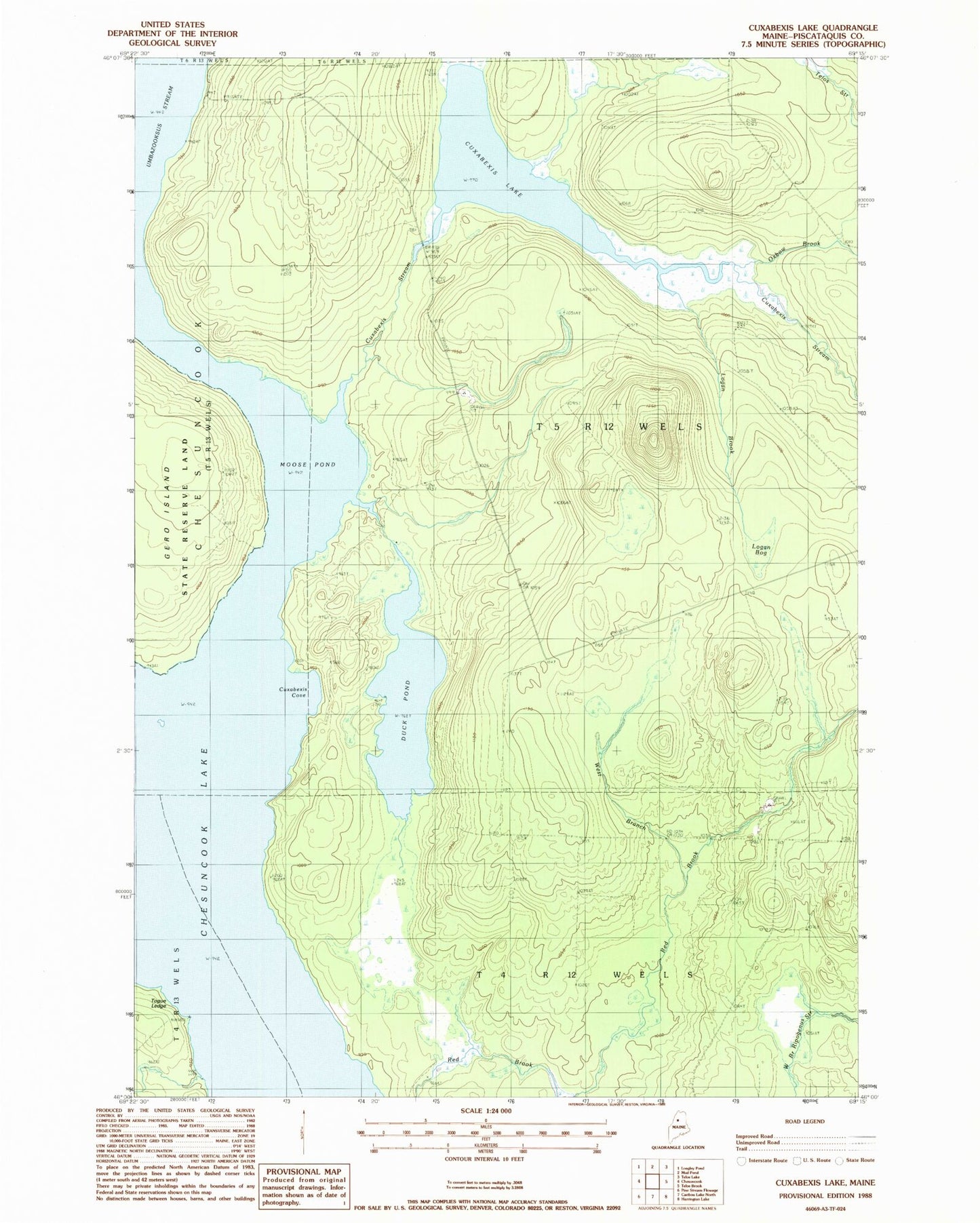 Classic USGS Cuxabexis Lake Maine 7.5'x7.5' Topo Map Image