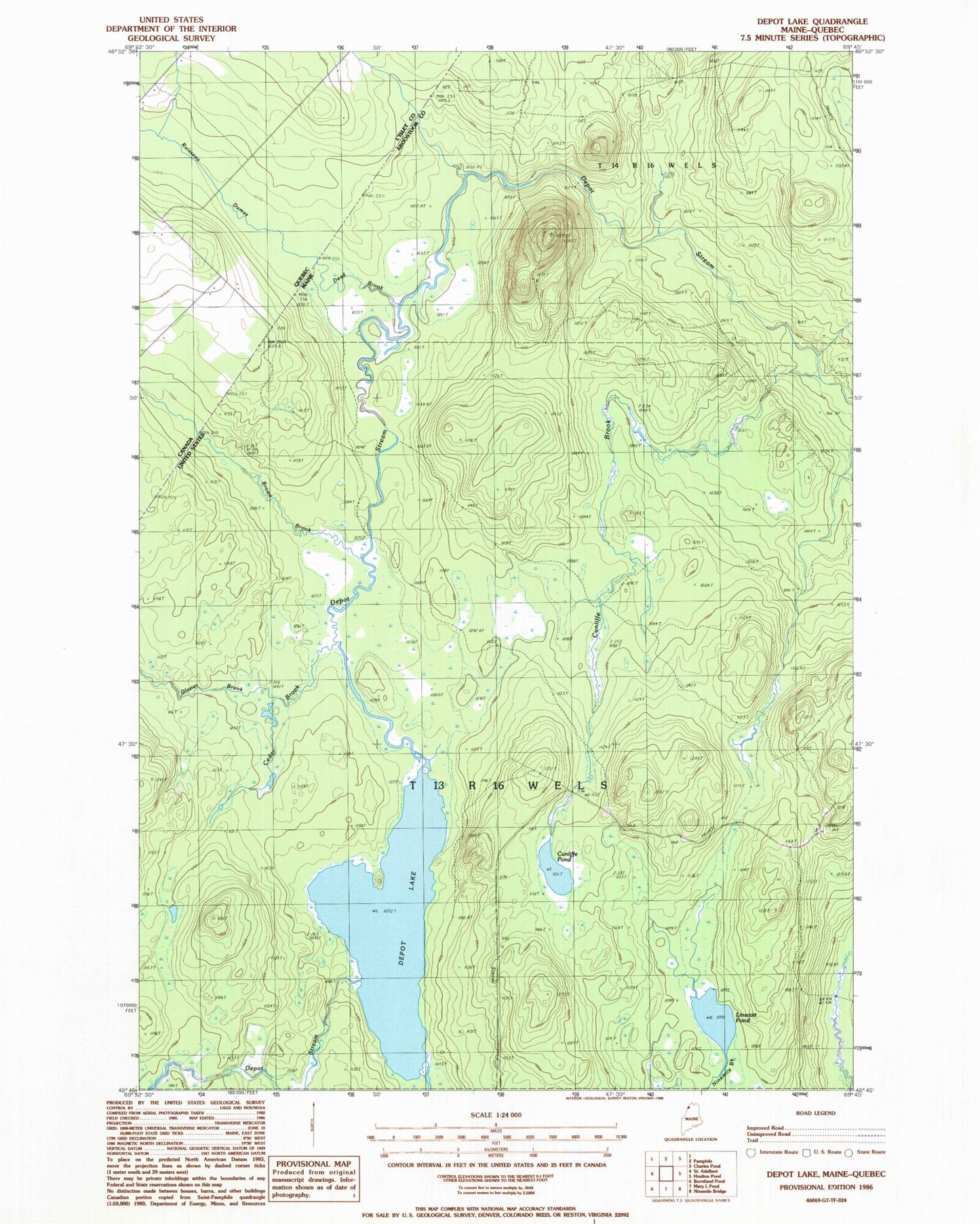 Classic USGS Depot Lake Maine 7.5'x7.5' Topo Map Image