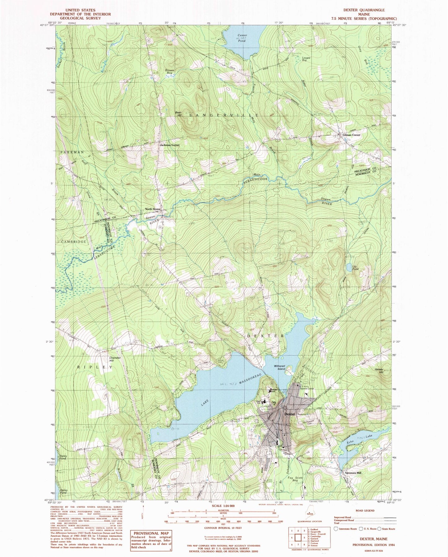 Classic USGS Dexter Maine 7.5'x7.5' Topo Map Image