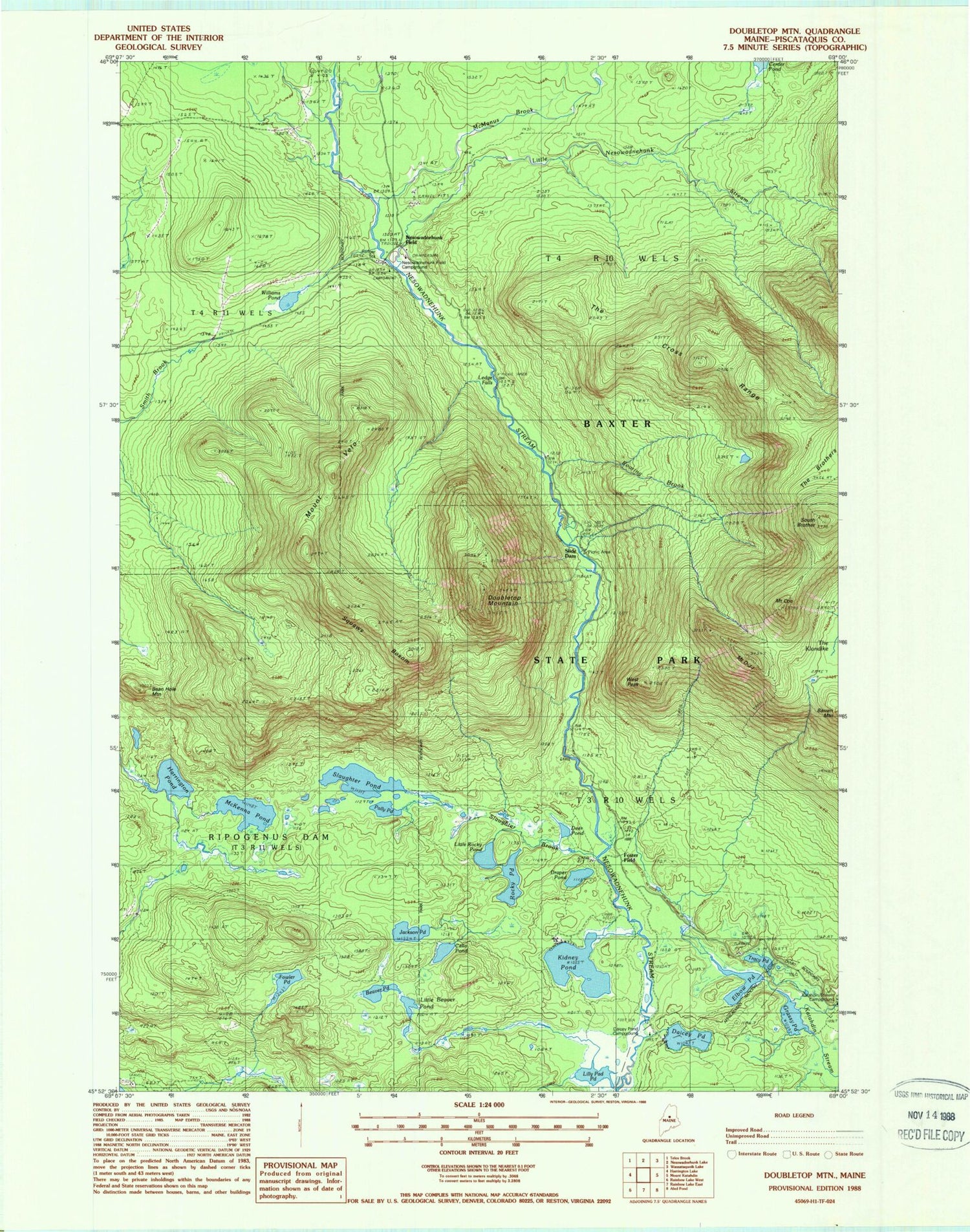 Classic USGS Doubletop Mountain Maine 7.5'x7.5' Topo Map Image