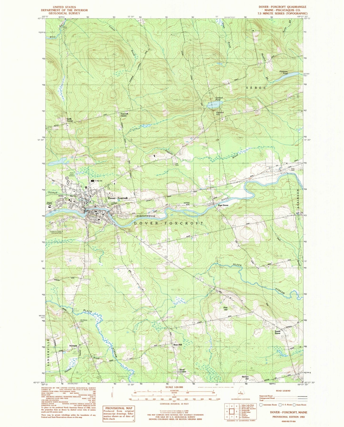 Classic USGS Dover-Foxcroft Maine 7.5'x7.5' Topo Map Image