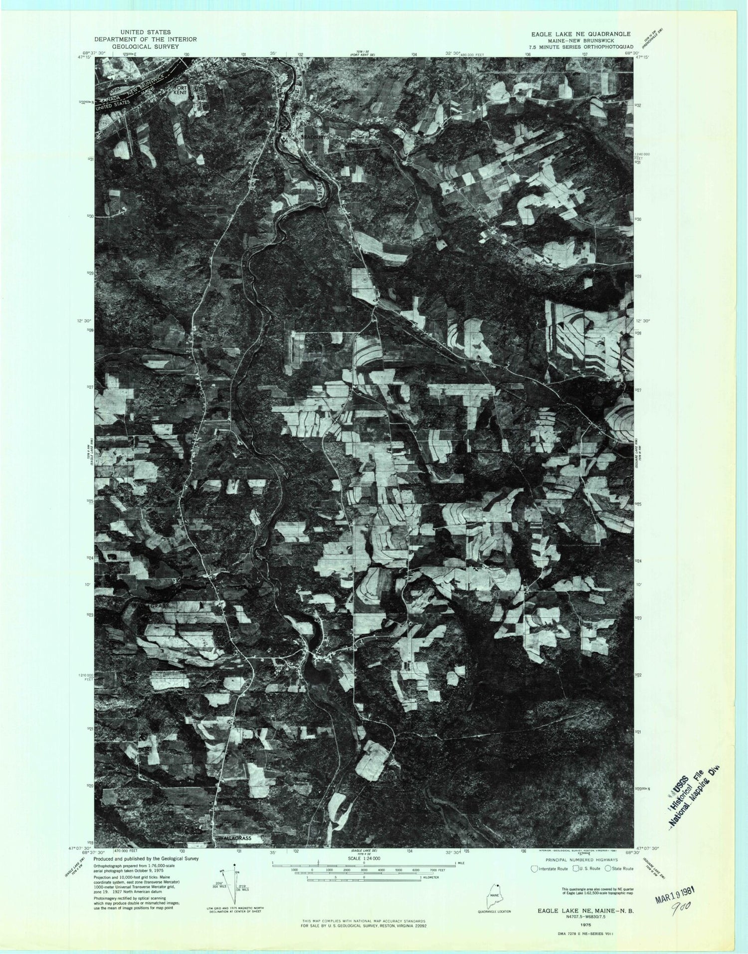 Classic USGS Fort Kent South Maine 7.5'x7.5' Topo Map Image