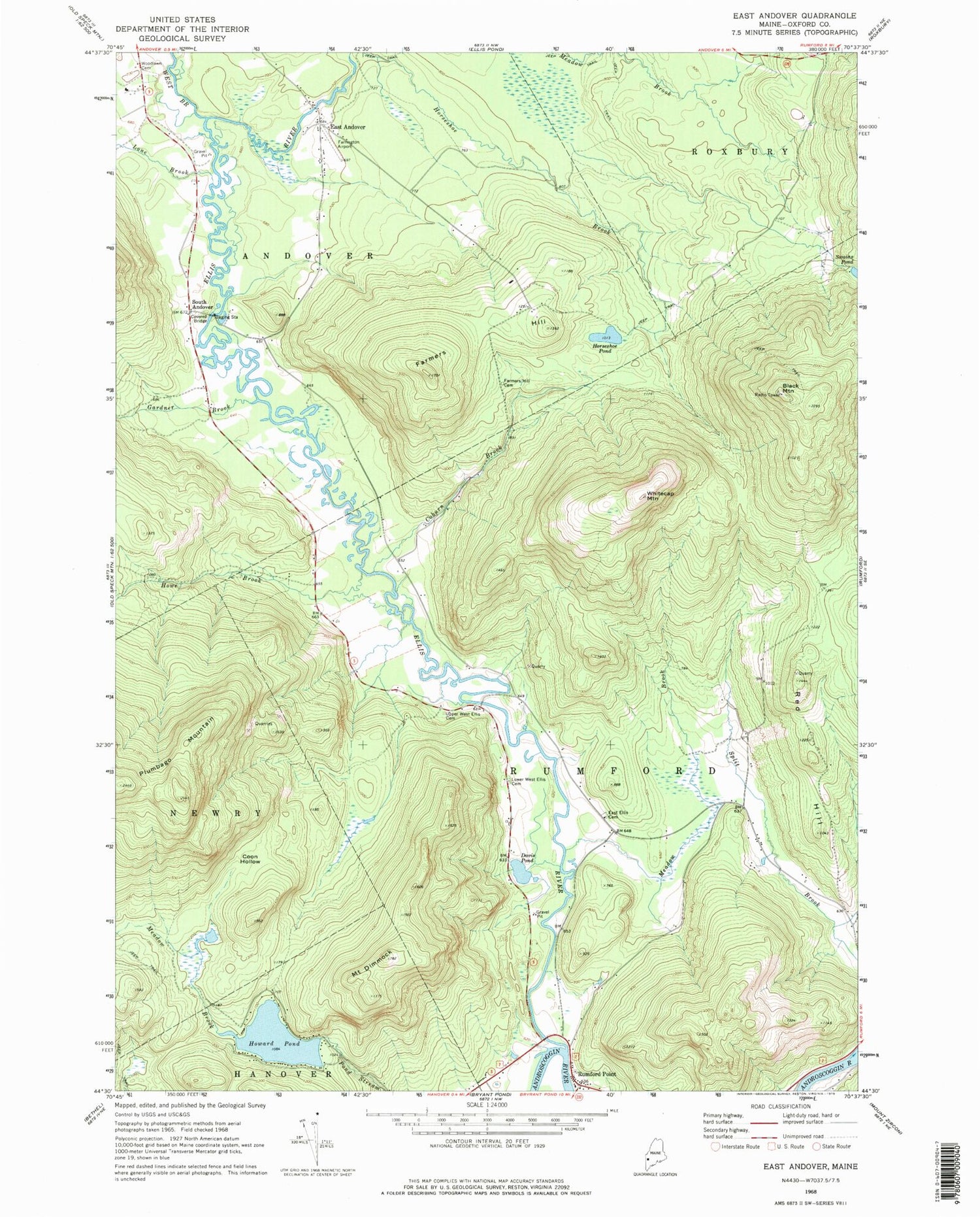 Classic USGS East Andover Maine 7.5'x7.5' Topo Map Image