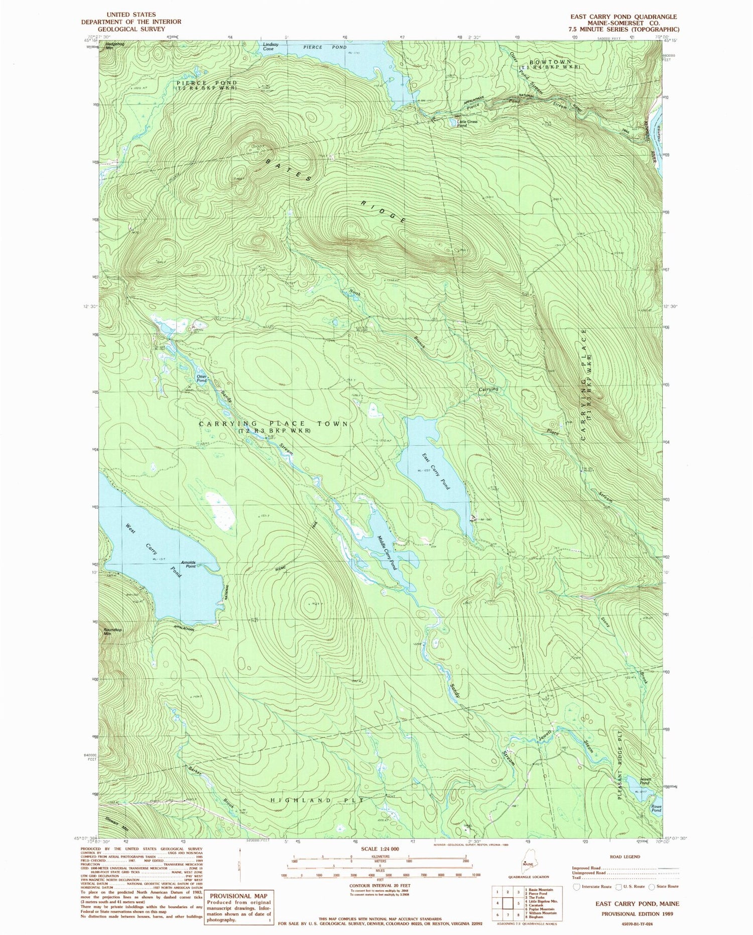 Classic USGS East Carry Pond Maine 7.5'x7.5' Topo Map Image
