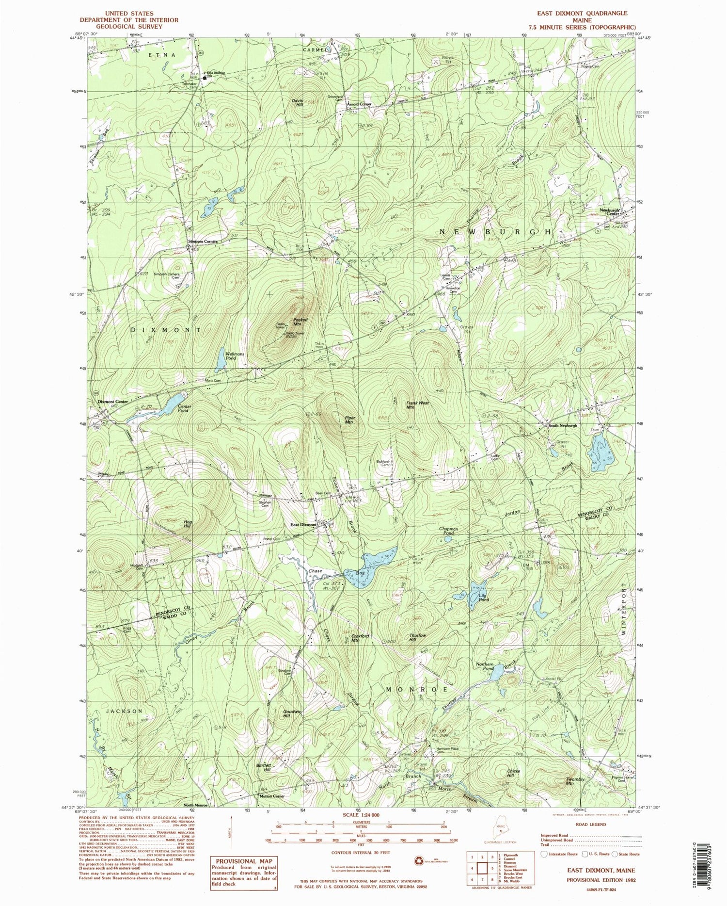 Classic USGS East Dixmont Maine 7.5'x7.5' Topo Map Image