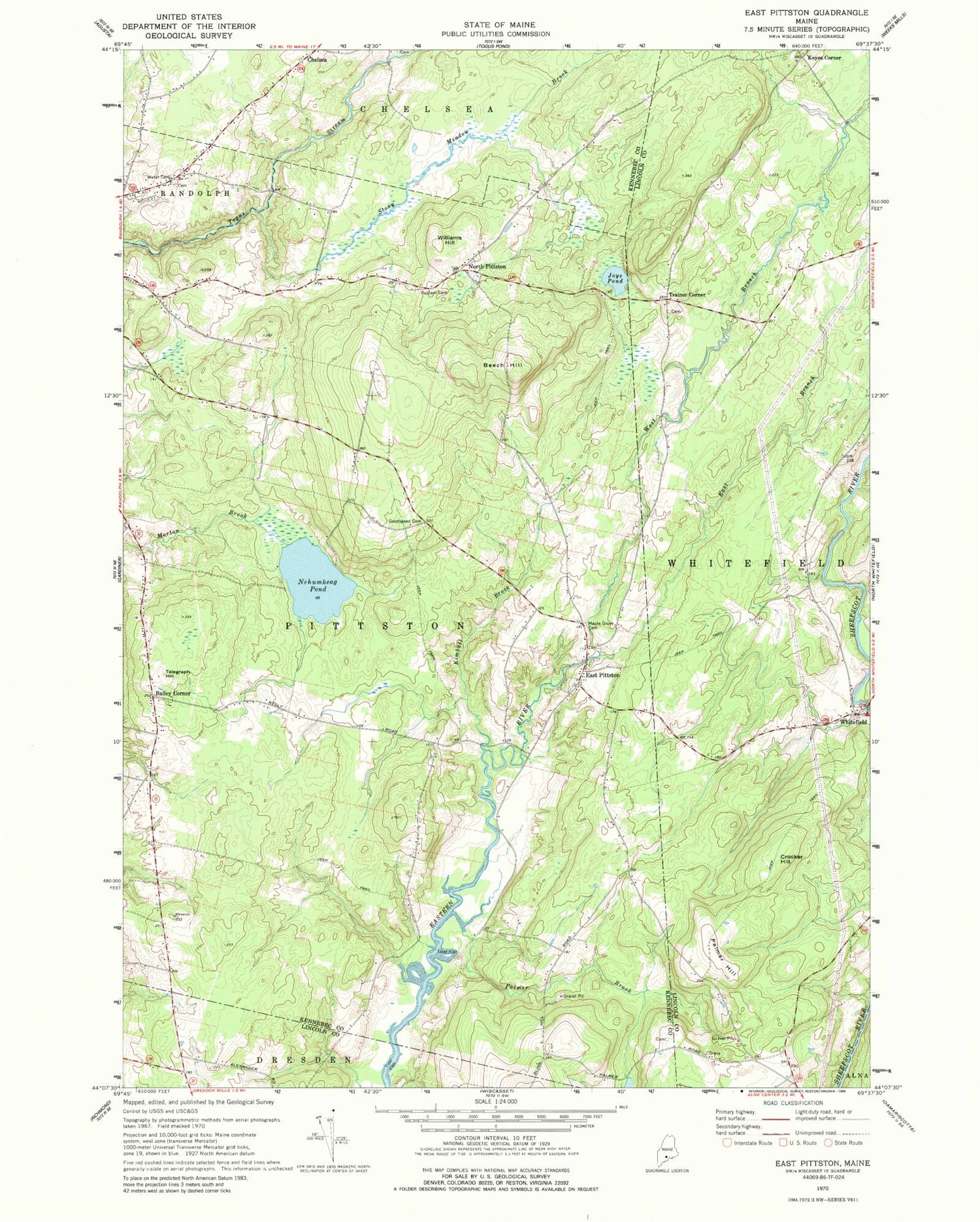 Classic USGS East Pittston Maine 7.5'x7.5' Topo Map Image