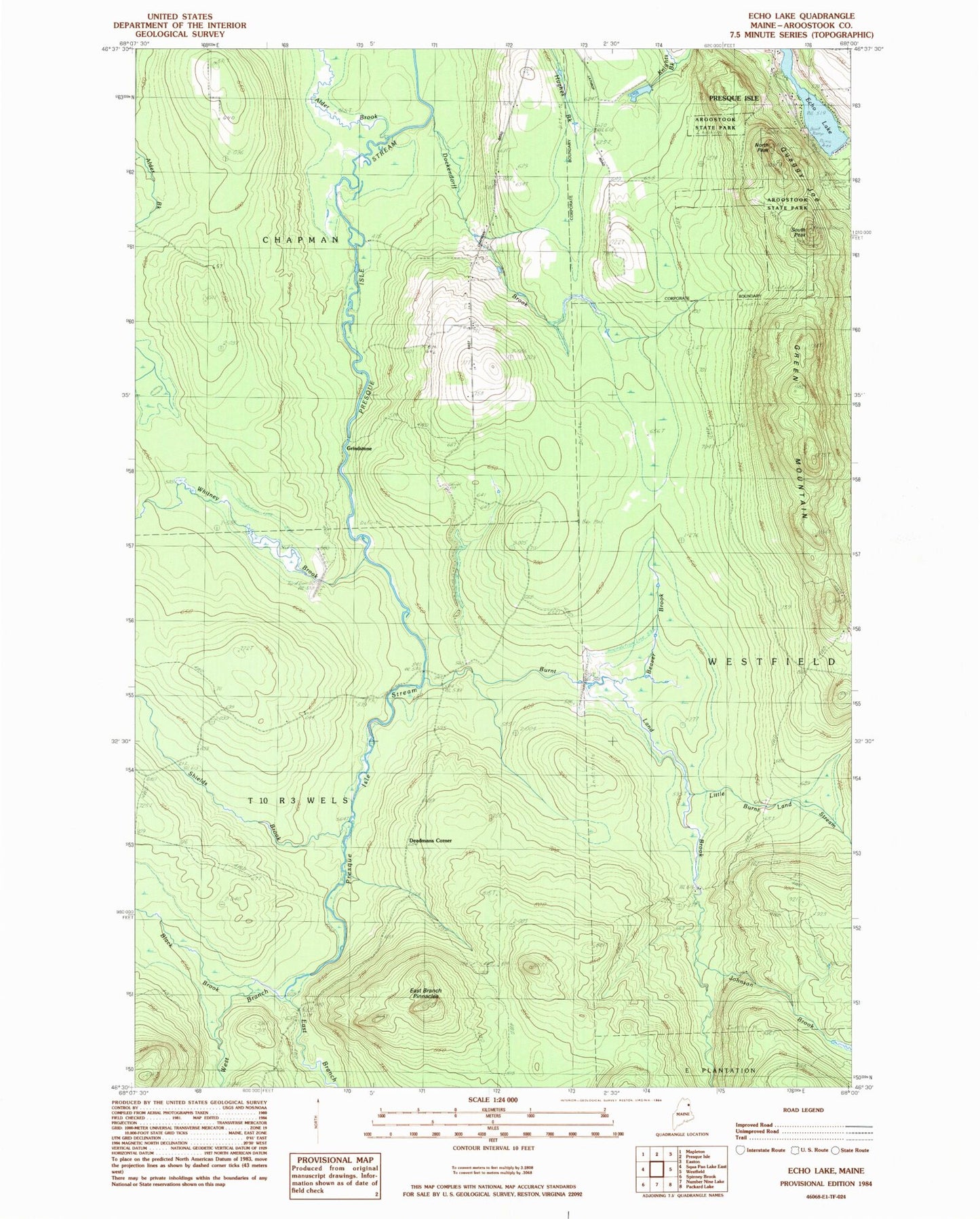 Classic USGS Echo Lake Maine 7.5'x7.5' Topo Map Image