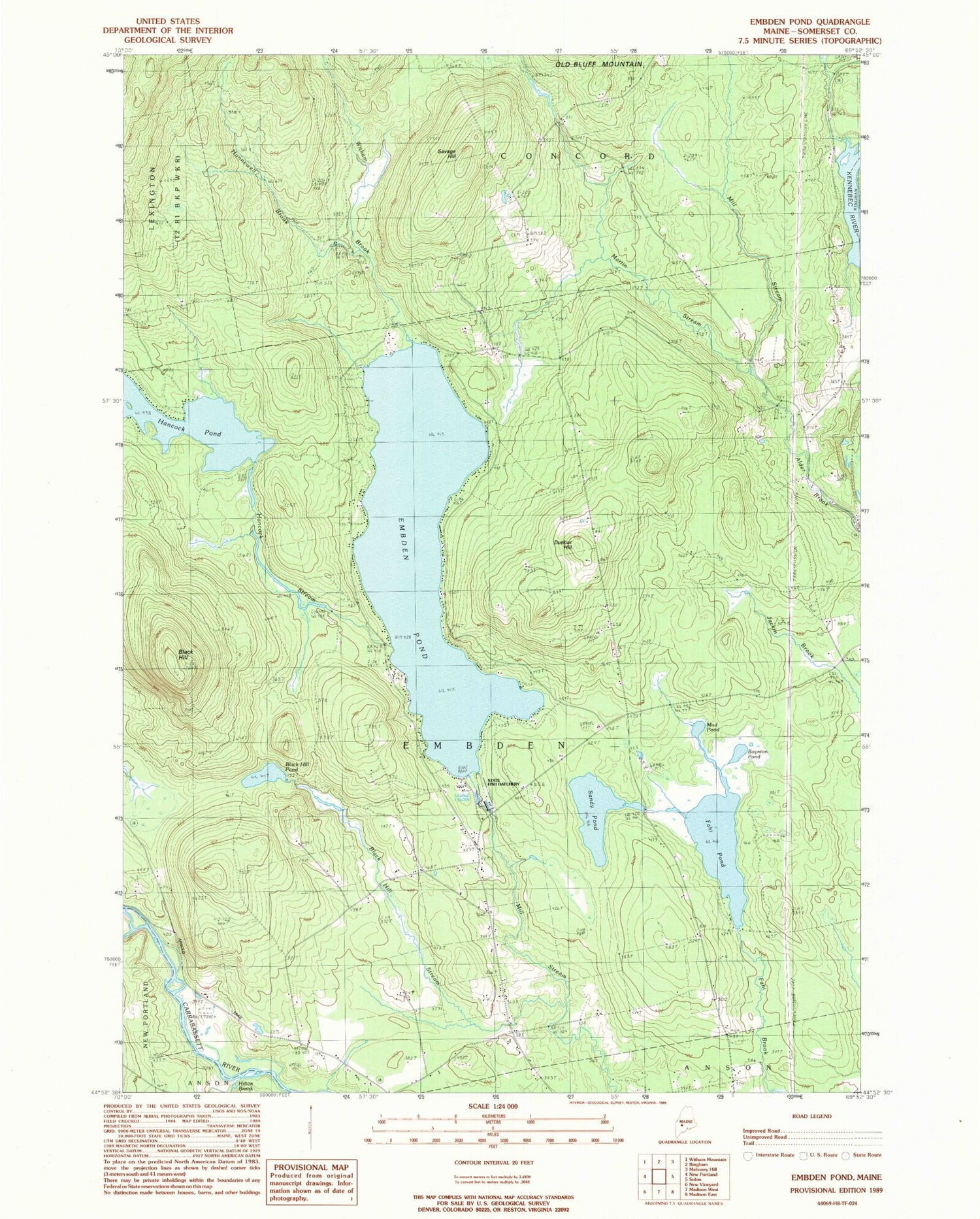 Classic USGS Embden Pond Maine 7.5'x7.5' Topo Map Image