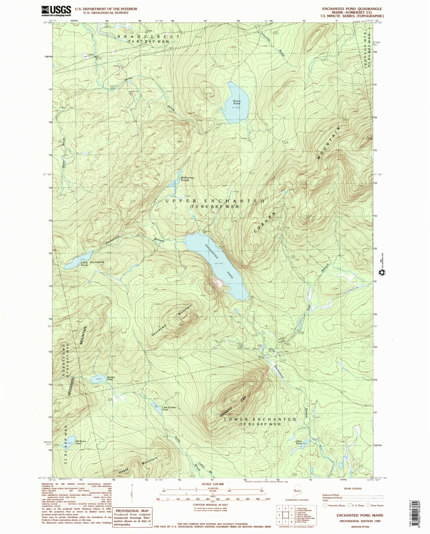 Classic USGS Enchanted Pond Maine 7.5'x7.5' Topo Map Image