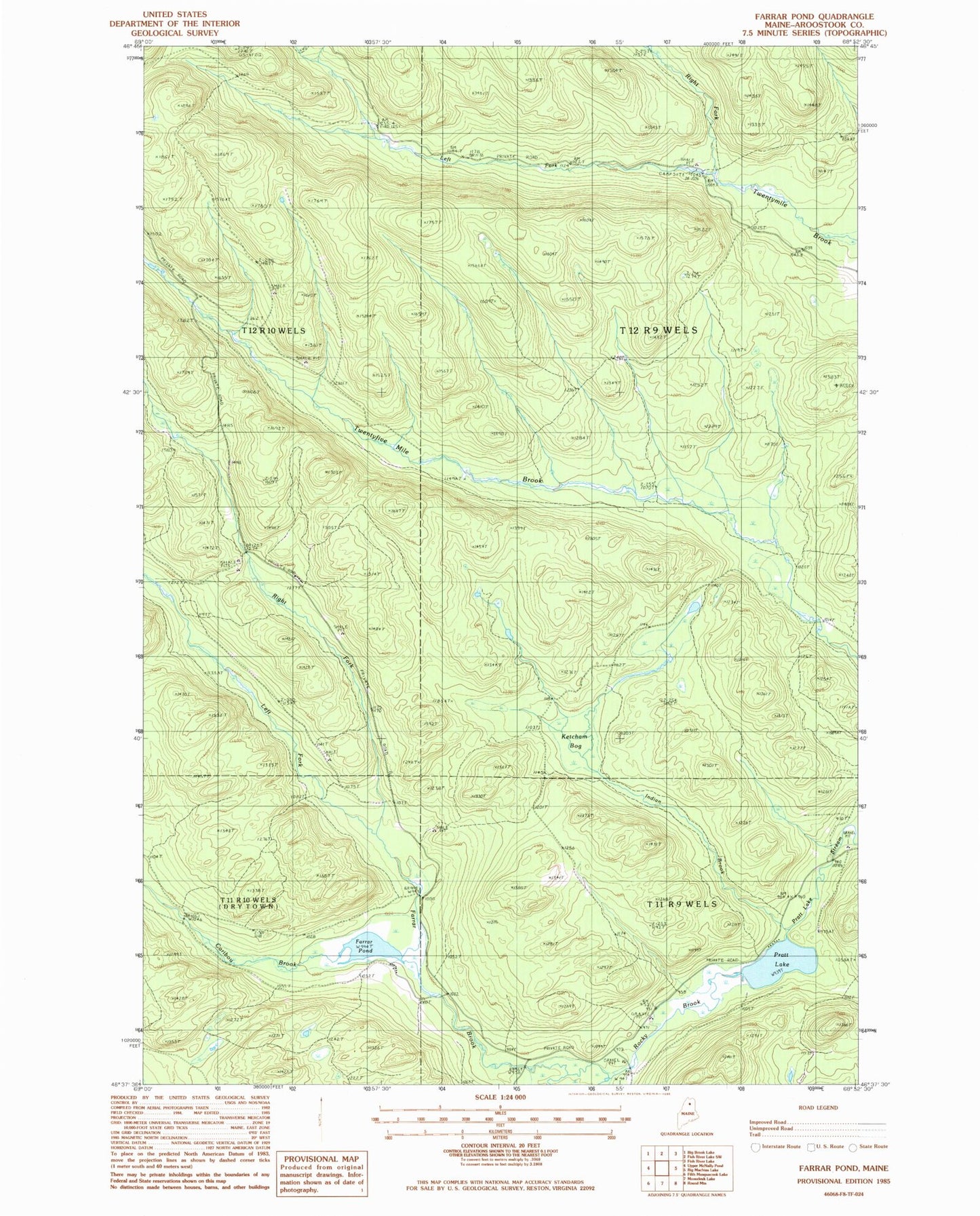 Classic USGS Farrar Pond Maine 7.5'x7.5' Topo Map Image