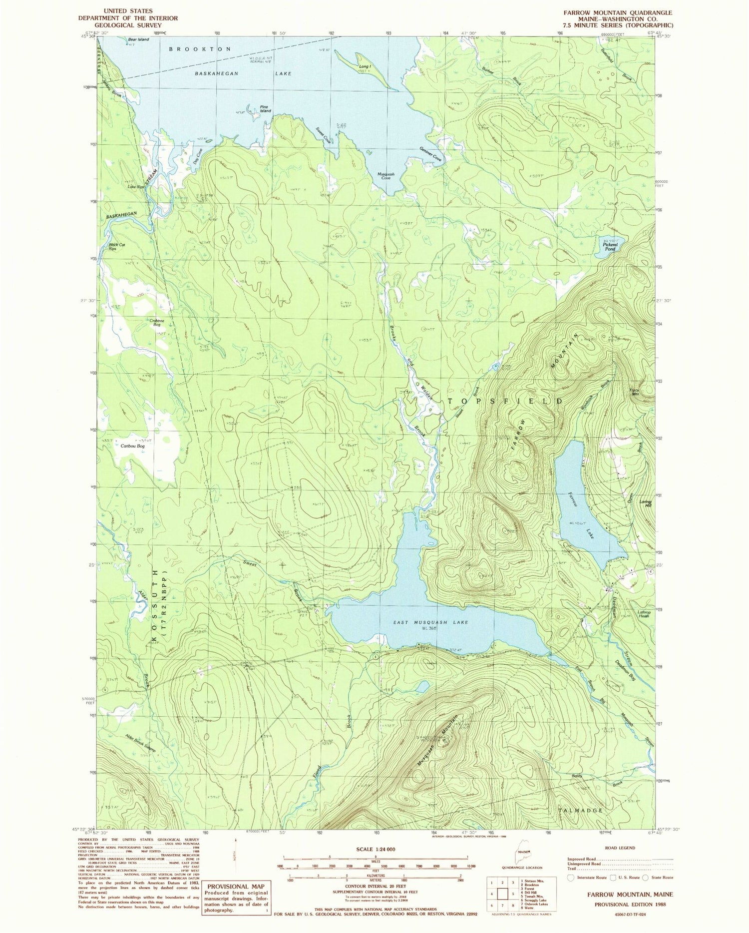 Classic USGS Farrow Mountain Maine 7.5'x7.5' Topo Map Image
