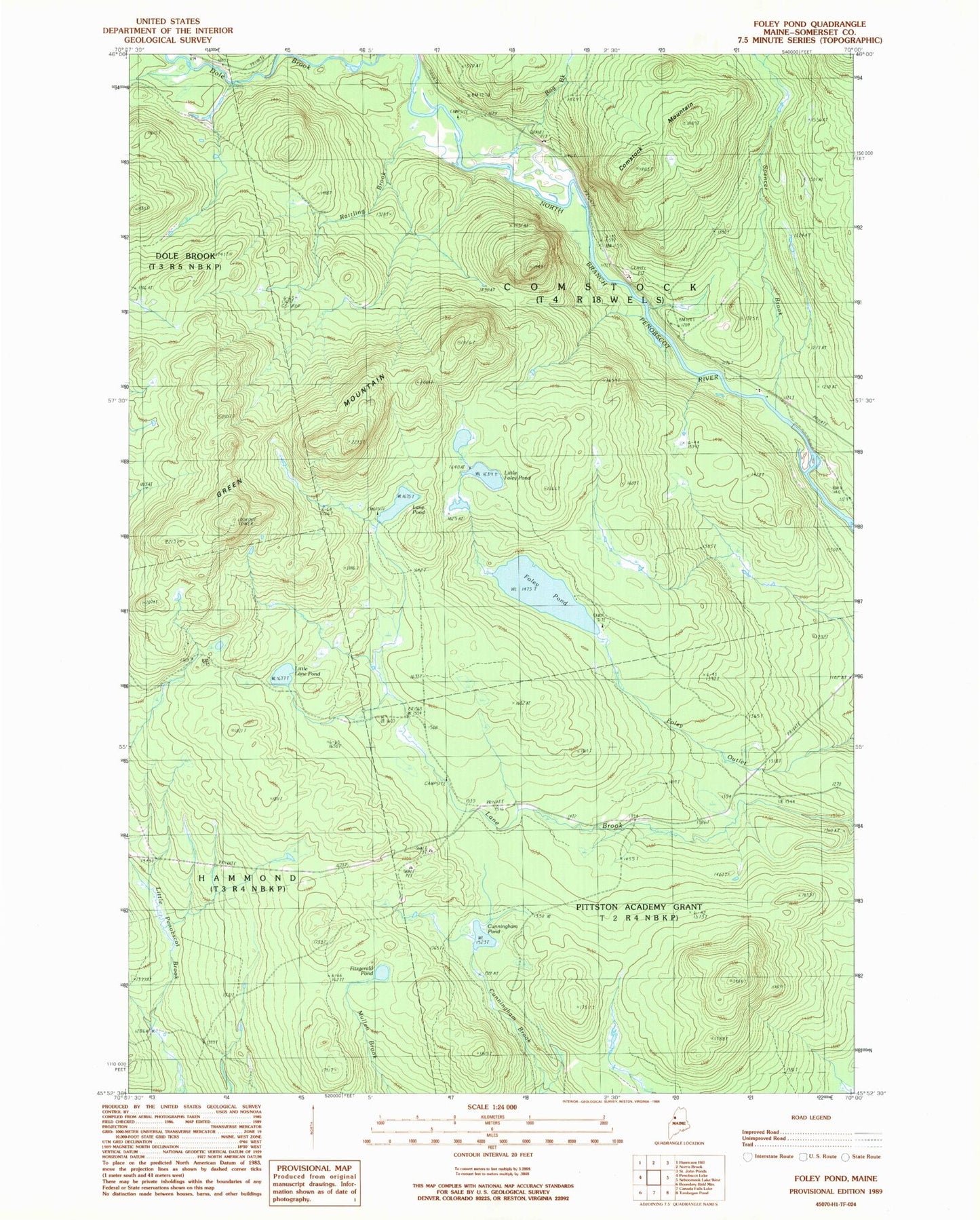 Classic USGS Foley Pond Maine 7.5'x7.5' Topo Map Image