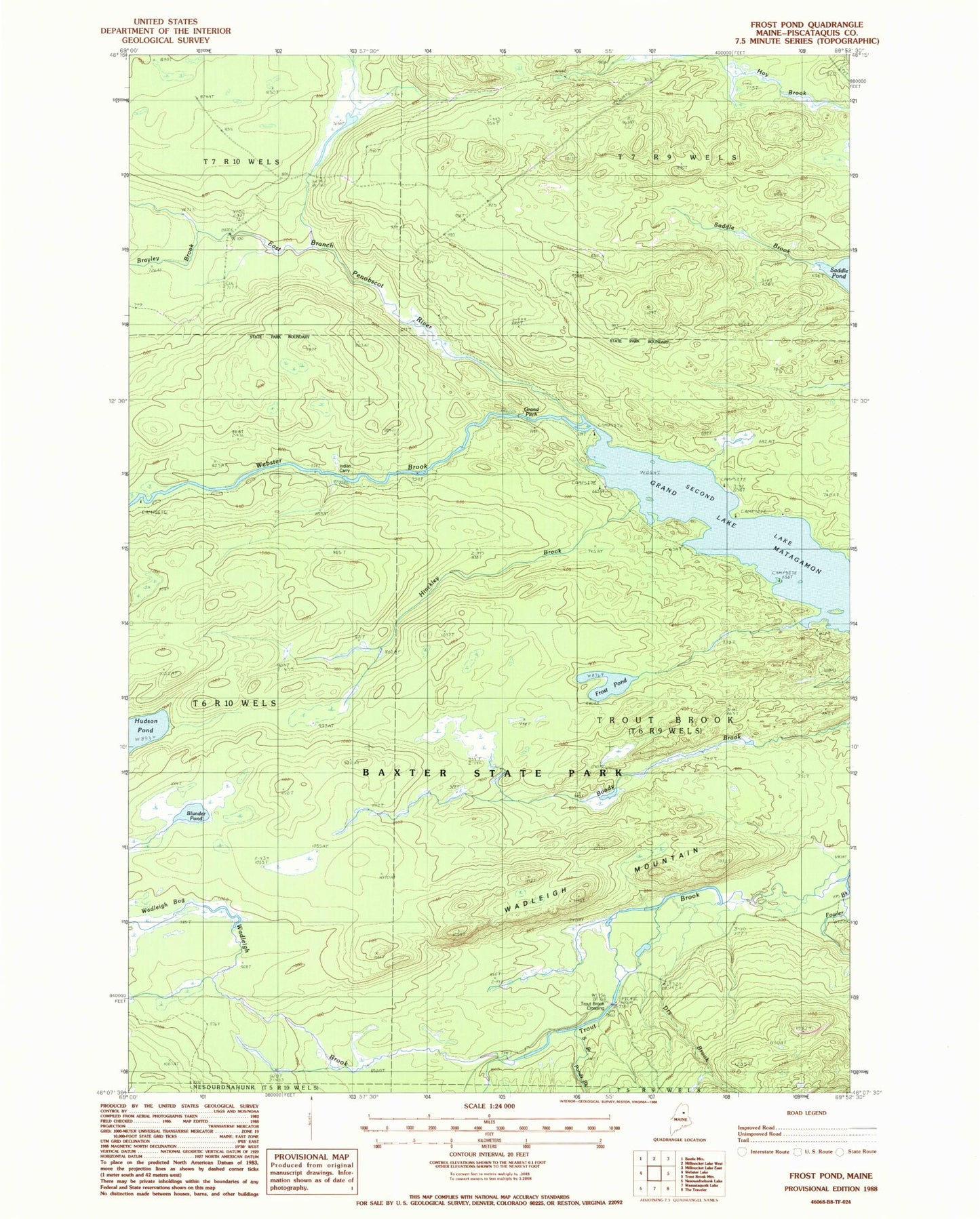 Classic USGS Frost Pond Maine 7.5'x7.5' Topo Map Image