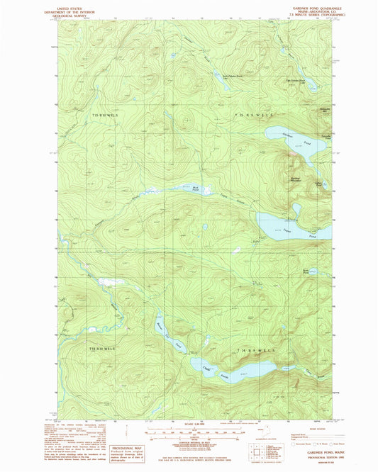 Classic USGS Gardner Pond Maine 7.5'x7.5' Topo Map Image