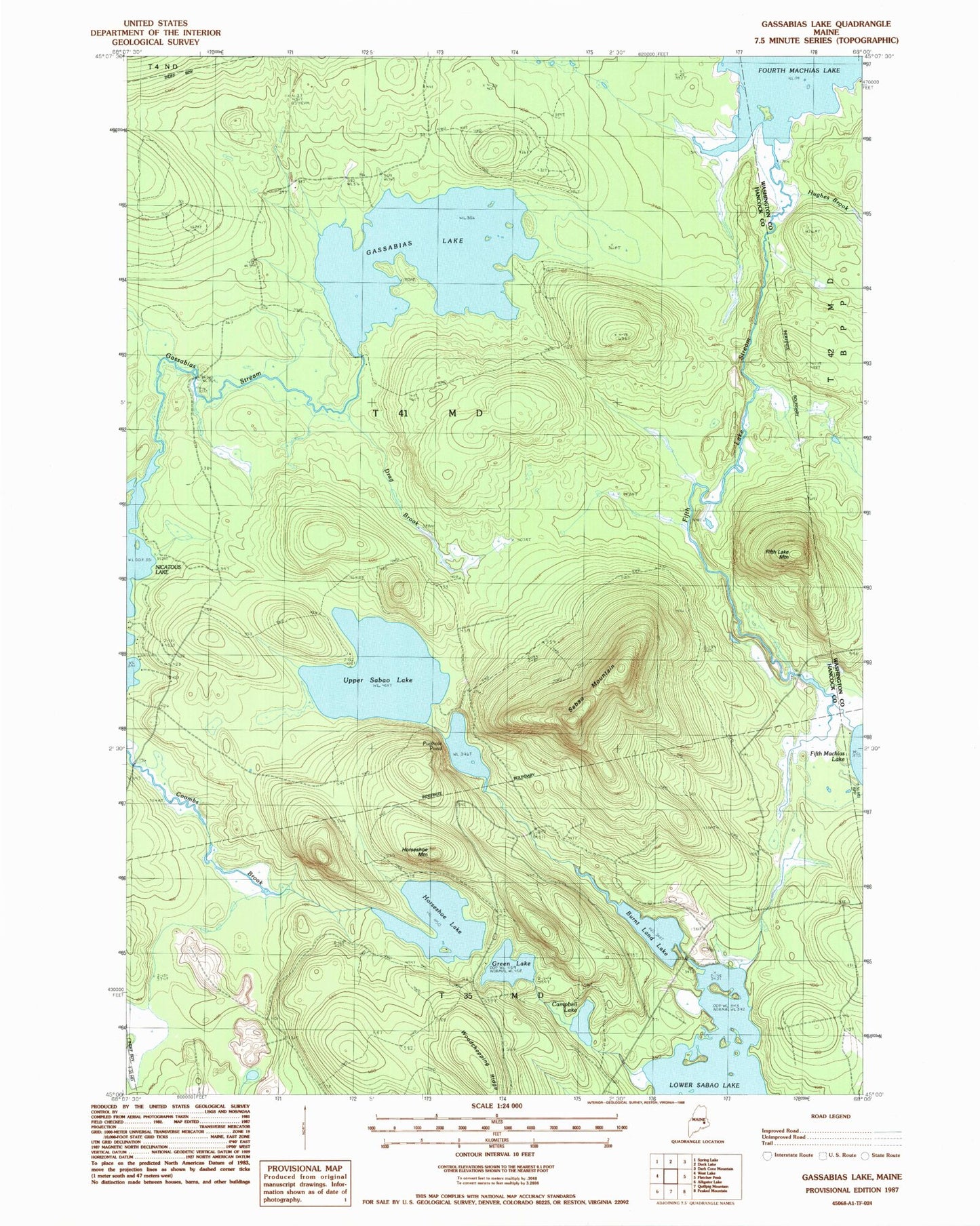 Classic USGS Gassabias Lake Maine 7.5'x7.5' Topo Map Image