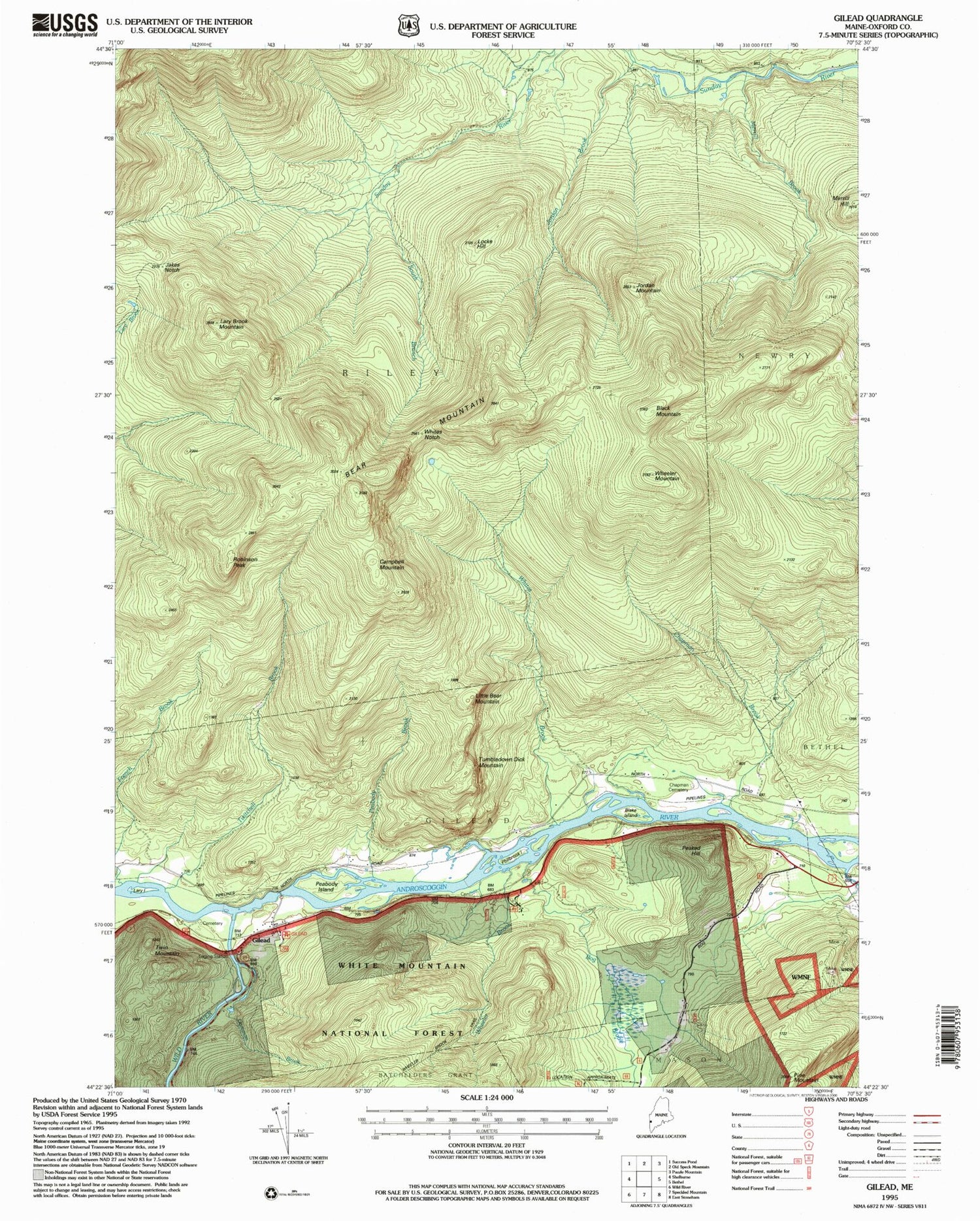 Classic USGS Gilead Maine 7.5'x7.5' Topo Map Image