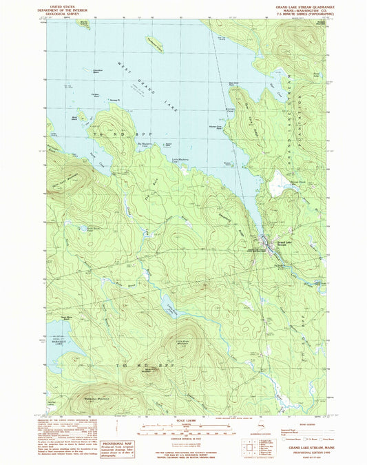 Classic USGS Grand Lake Stream Maine 7.5'x7.5' Topo Map Image