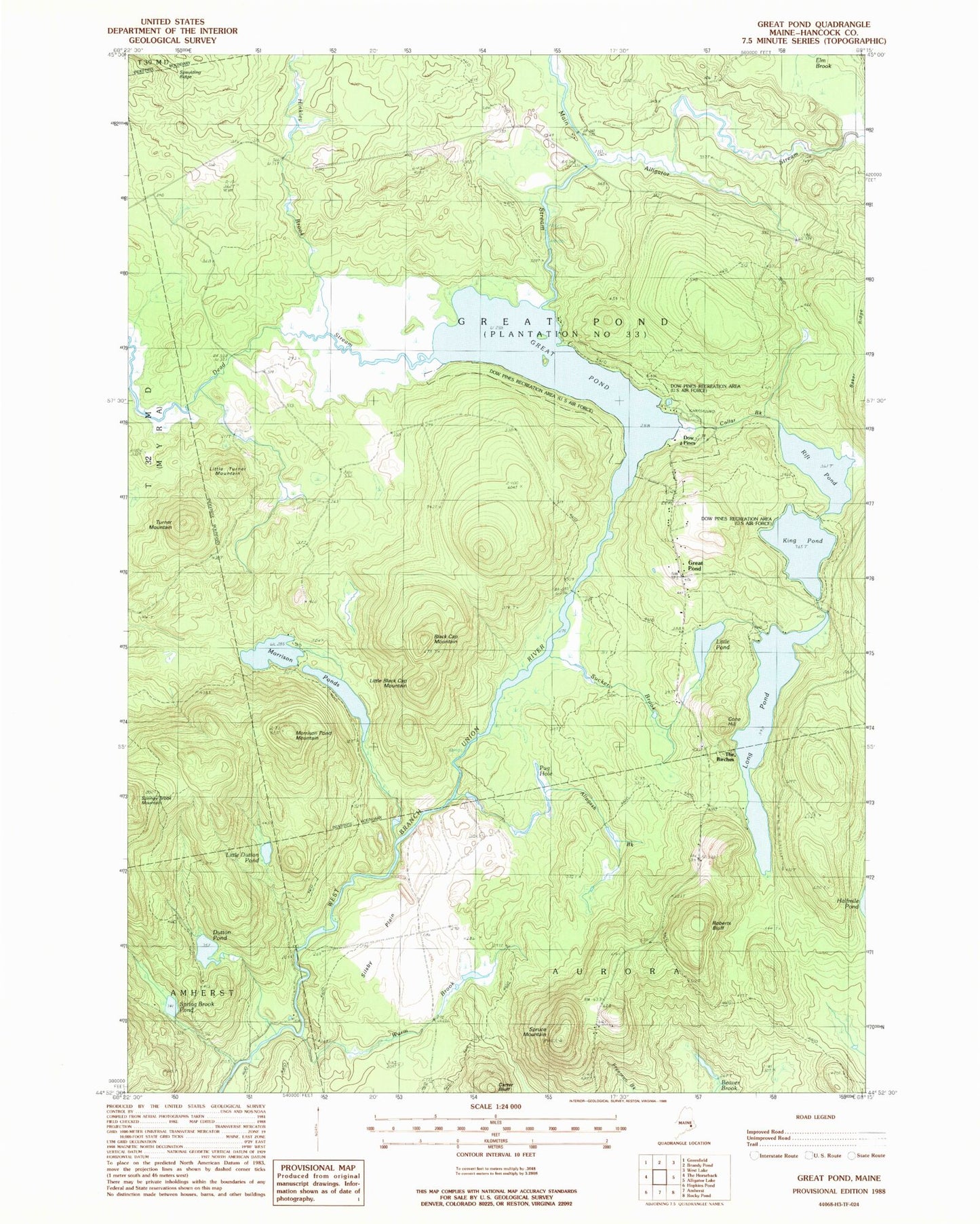 Classic USGS Great Pond Maine 7.5'x7.5' Topo Map Image