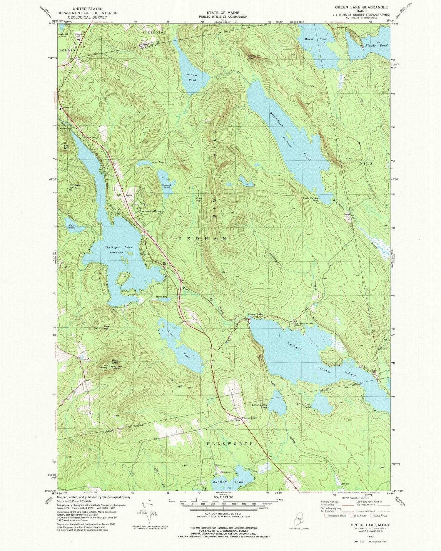 Classic USGS Green Lake Maine 7.5'x7.5' Topo Map Image