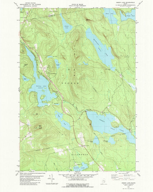Classic USGS Green Lake Maine 7.5'x7.5' Topo Map Image
