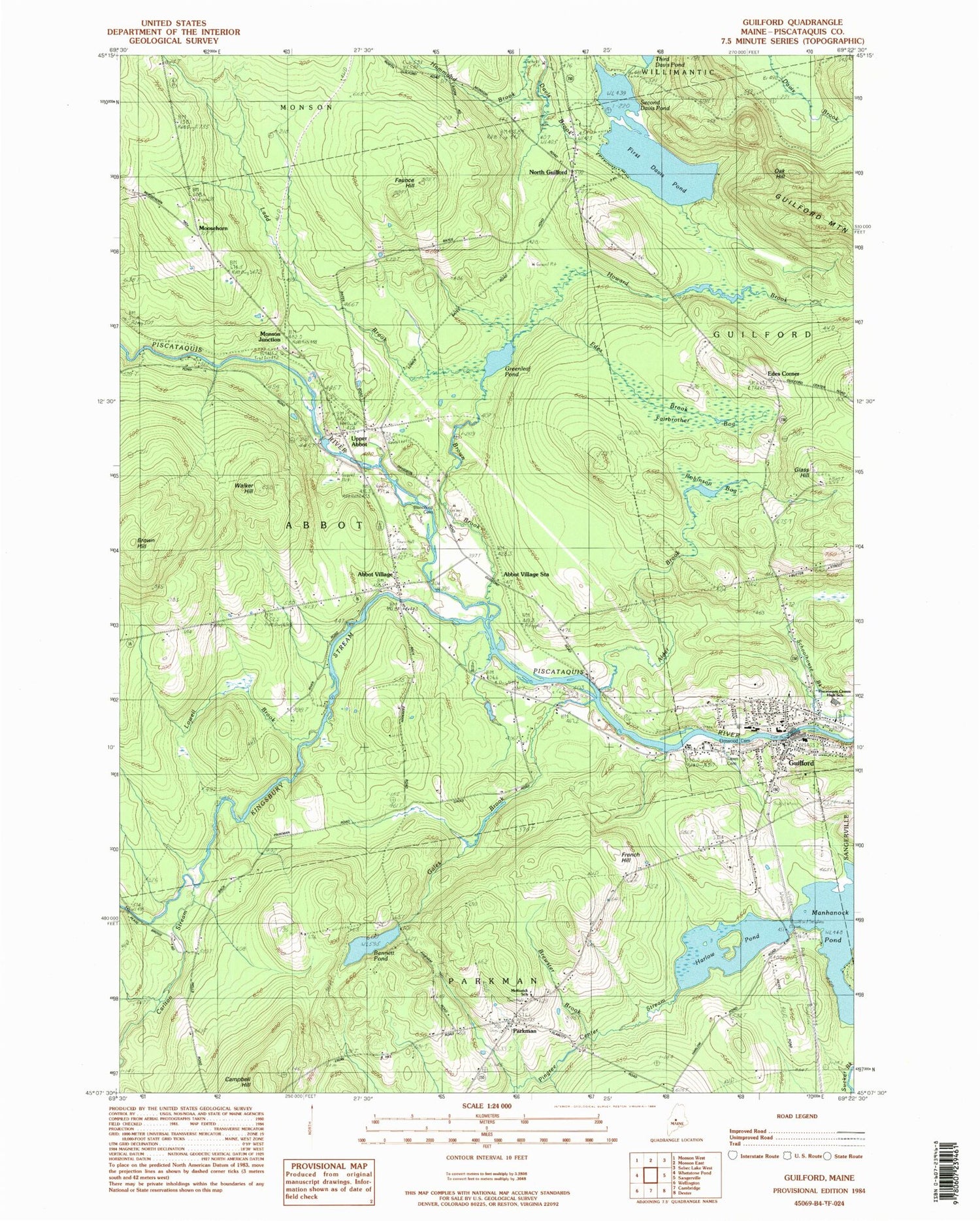 Classic USGS Guilford Maine 7.5'x7.5' Topo Map Image