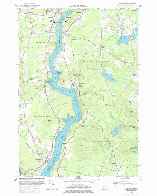 Classic USGS Hampden Maine 7.5'x7.5' Topo Map Image
