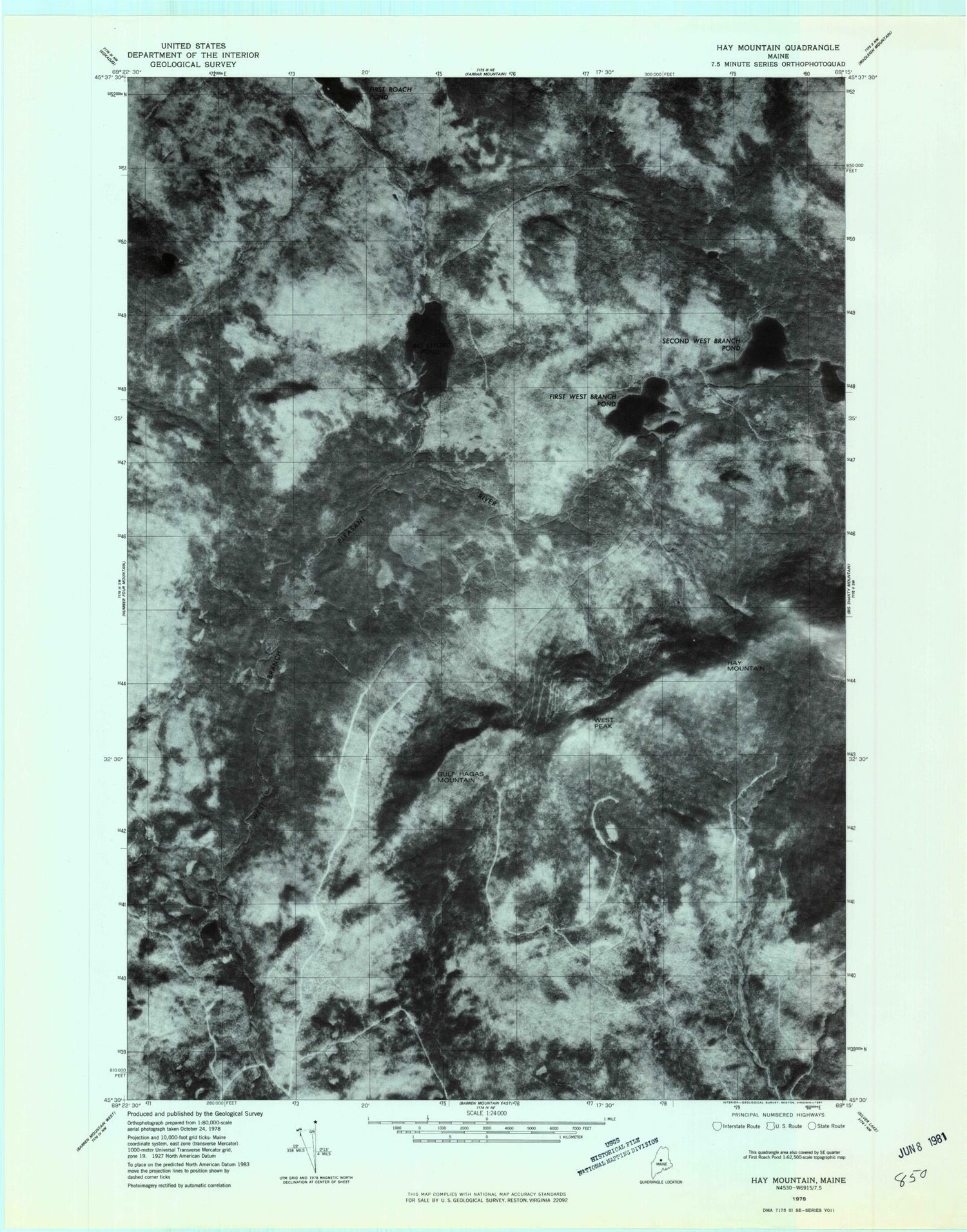 Classic USGS Hay Mountain Maine 7.5'x7.5' Topo Map Image