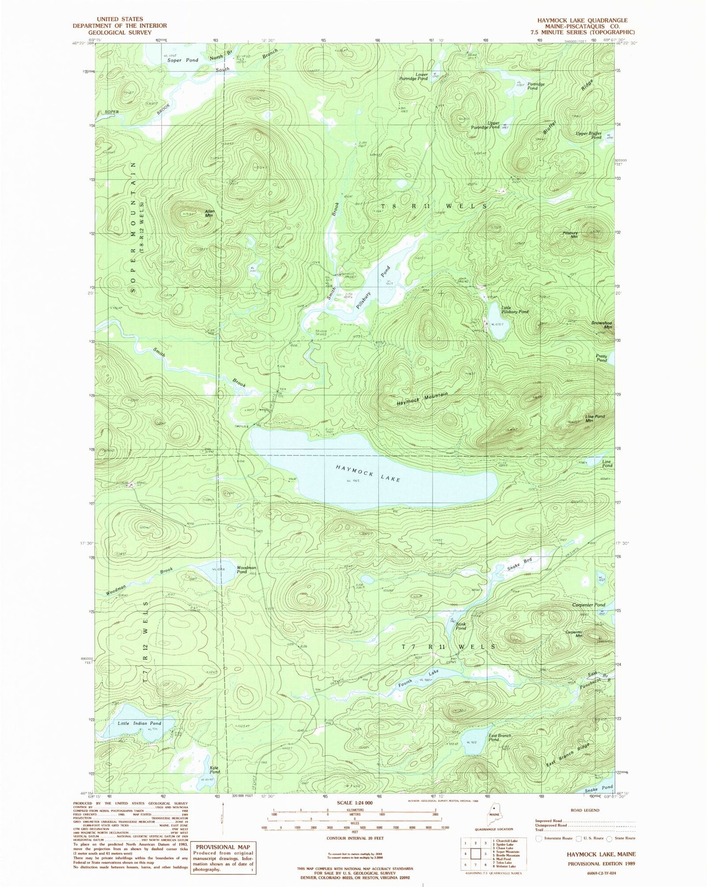 Classic USGS Haymock Lake Maine 7.5'x7.5' Topo Map Image