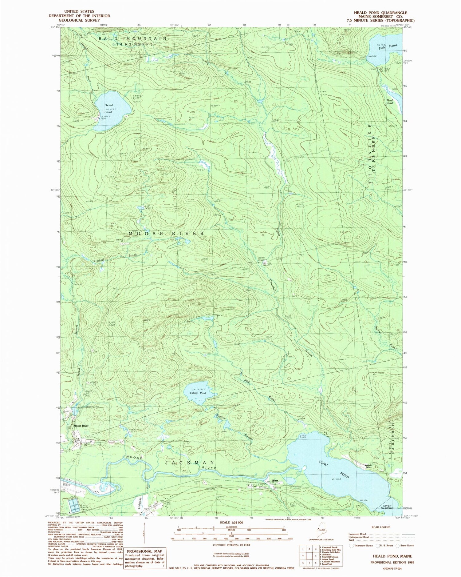 Classic USGS Heald Pond Maine 7.5'x7.5' Topo Map Image