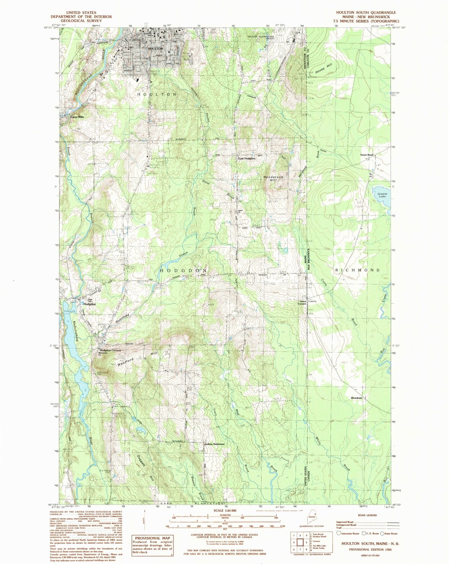 Classic USGS Houlton South Maine 7.5'x7.5' Topo Map Image