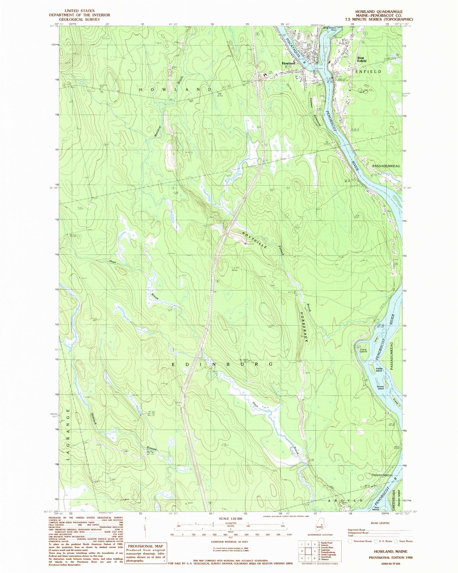 Classic USGS Howland Maine 7.5'x7.5' Topo Map Image