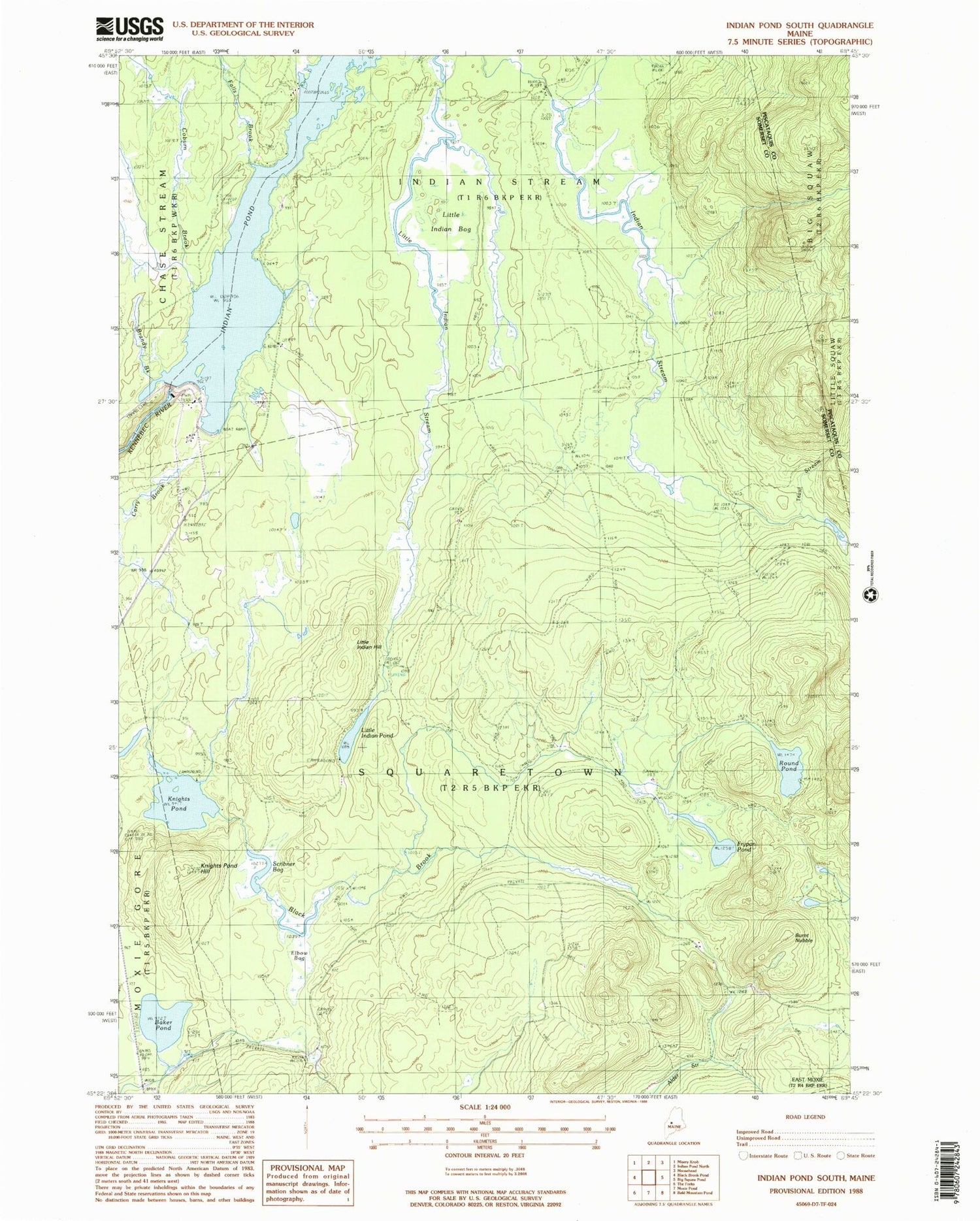 Classic USGS Indian Pond South Maine 7.5'x7.5' Topo Map Image