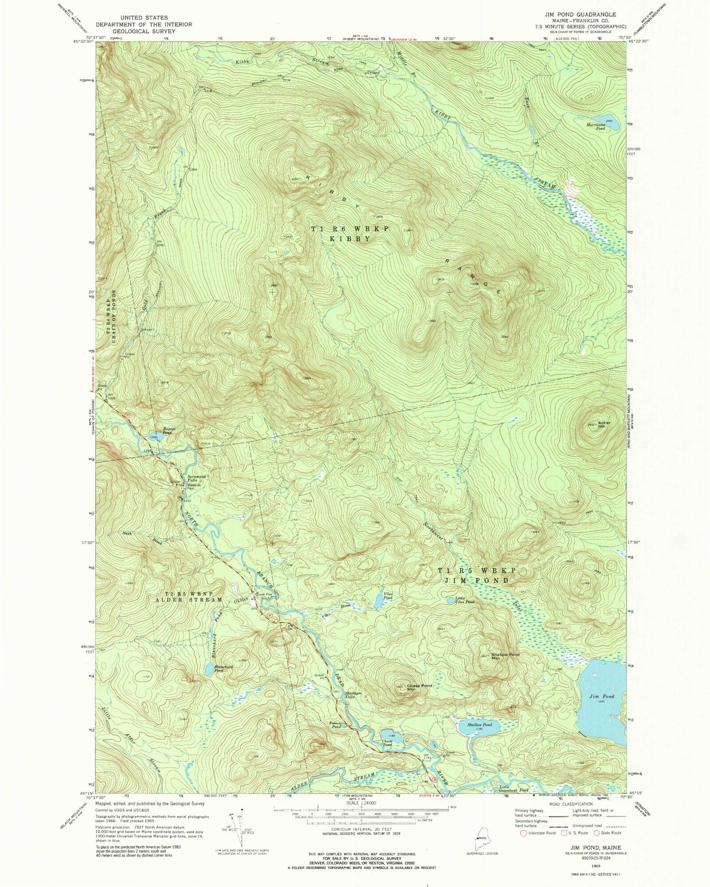 Classic USGS Jim Pond Maine 7.5'x7.5' Topo Map Image
