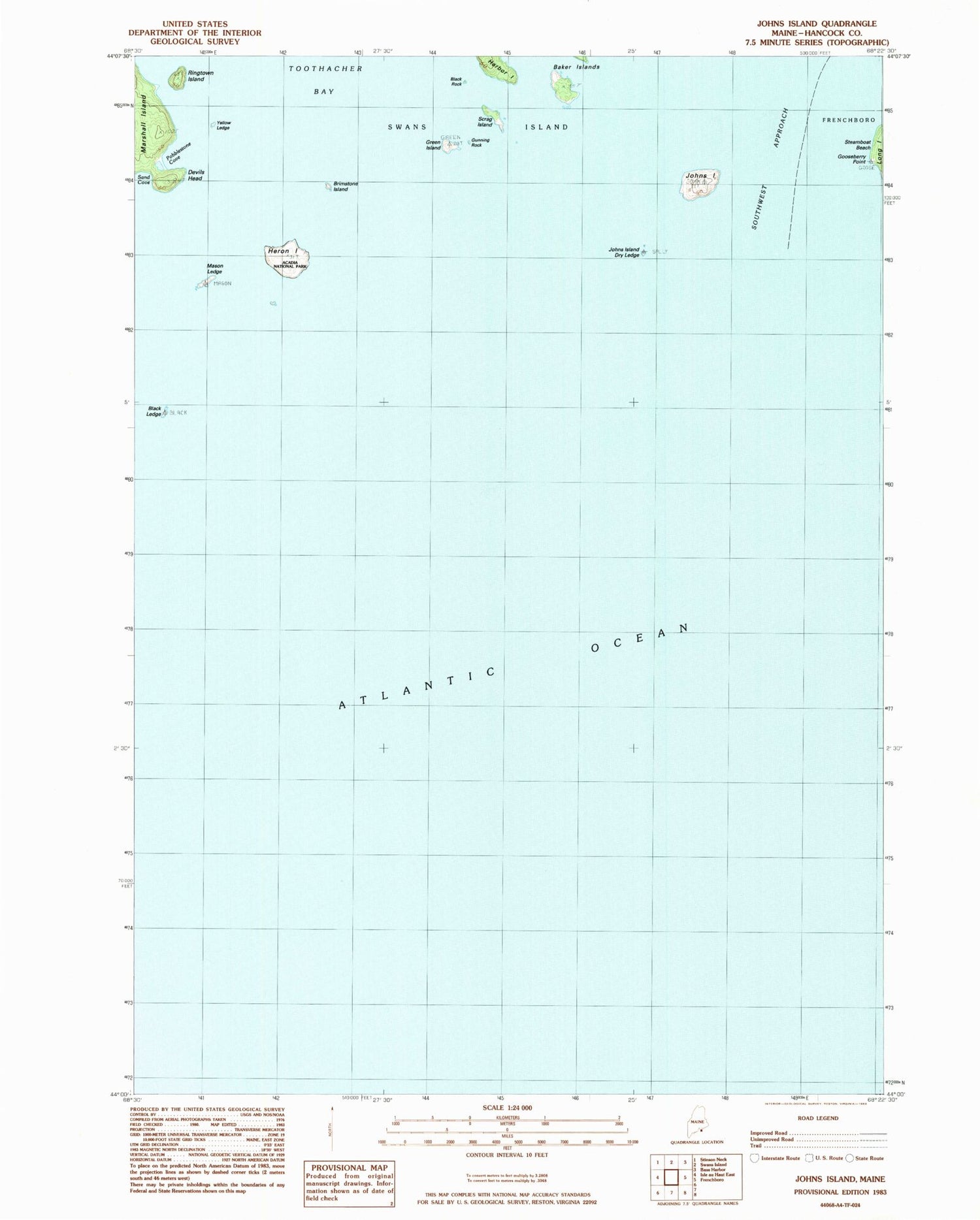 Classic USGS Johns Island Maine 7.5'x7.5' Topo Map Image