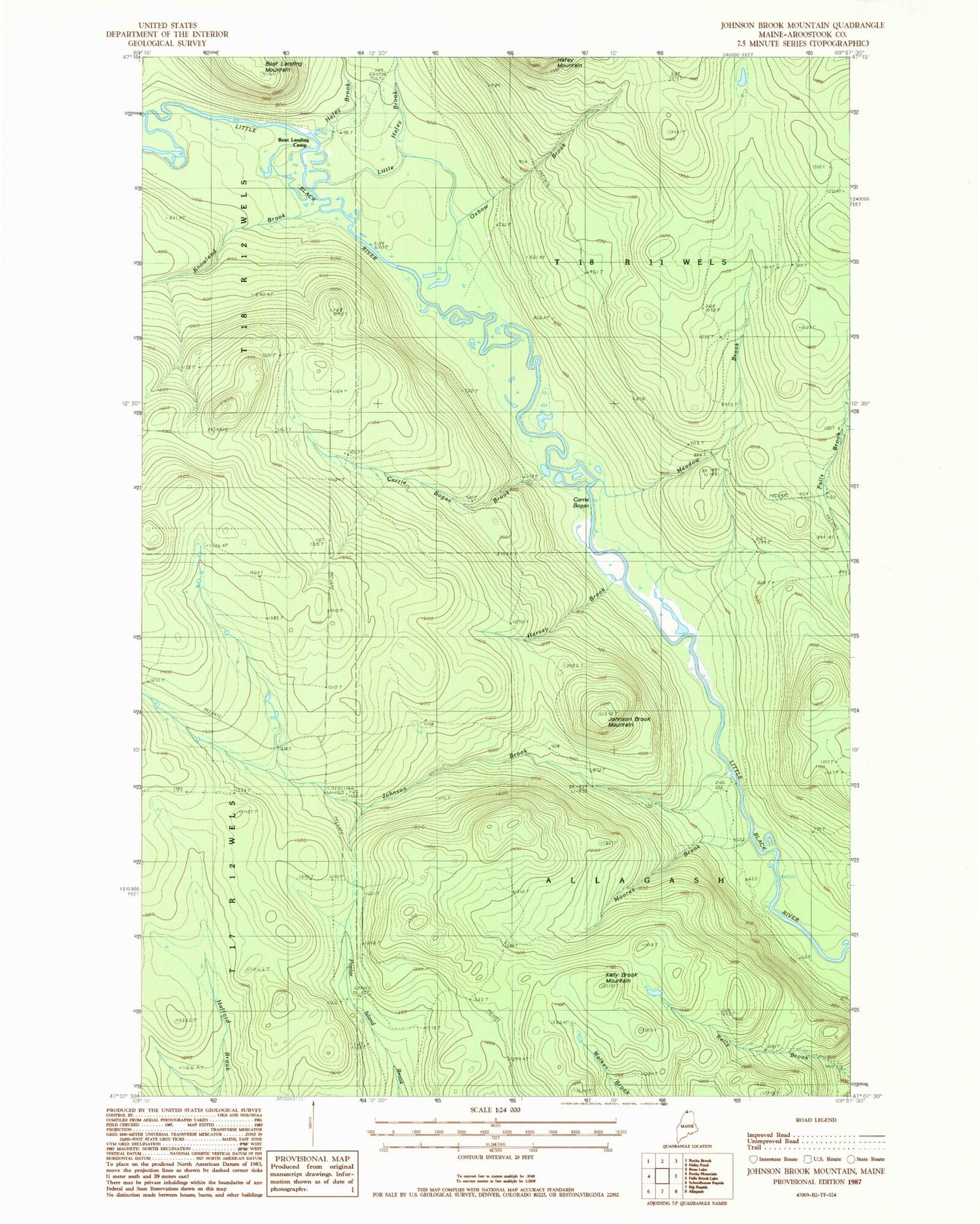 Classic USGS Johnson Brook Mountain Maine 7.5'x7.5' Topo Map Image