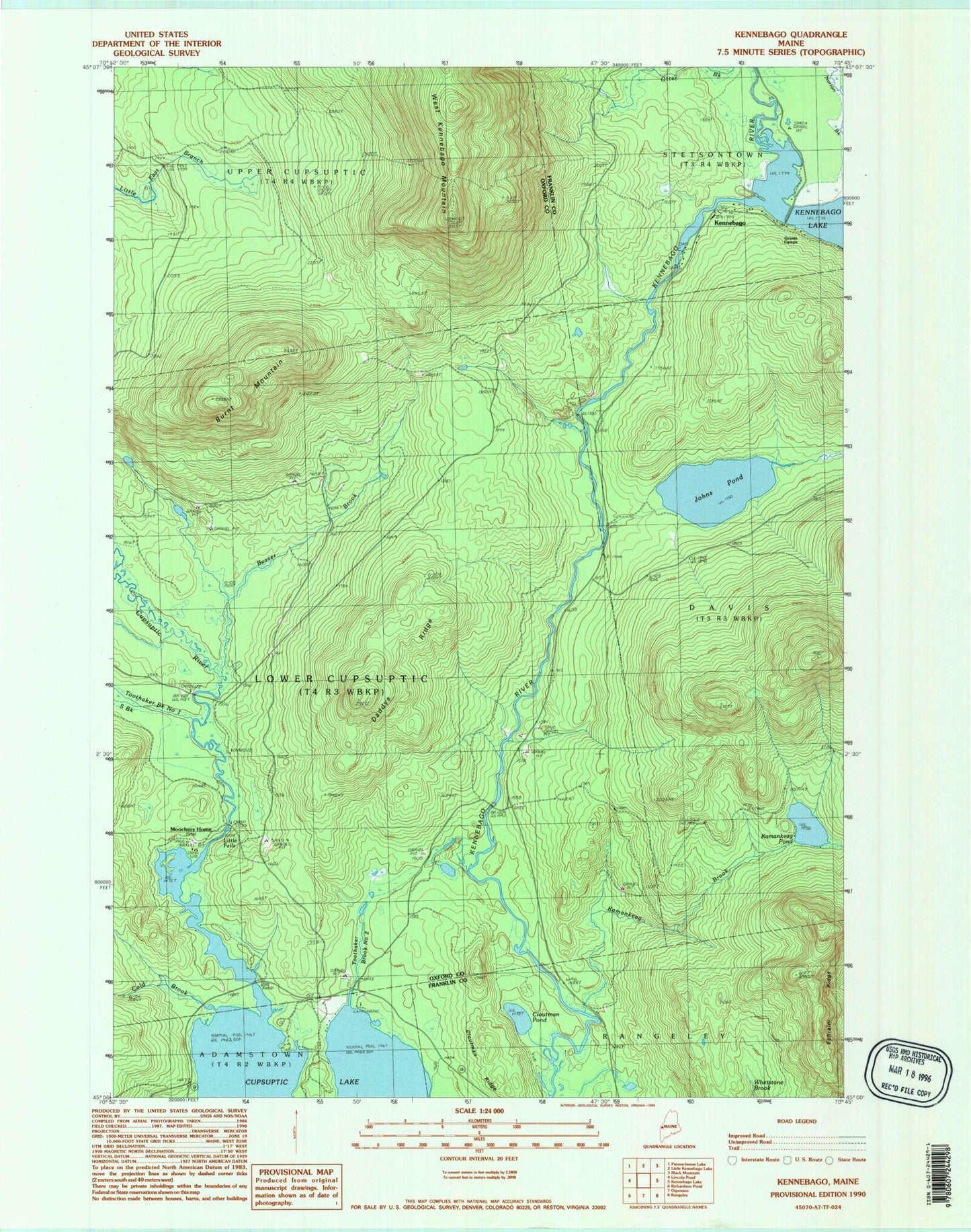Classic USGS Kennebago Maine 7.5'x7.5' Topo Map Image