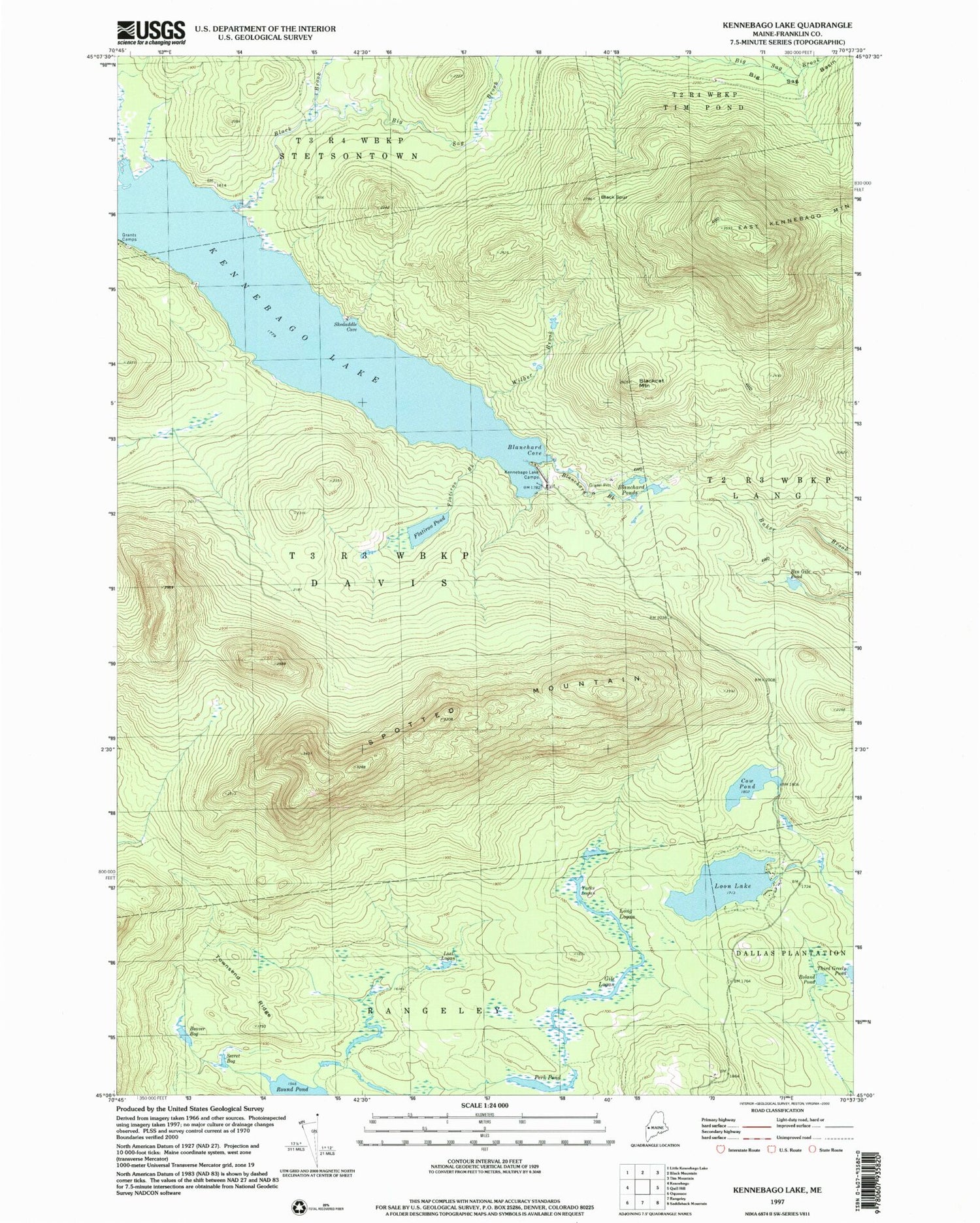 Classic USGS Kennebago Lake Maine 7.5'x7.5' Topo Map Image