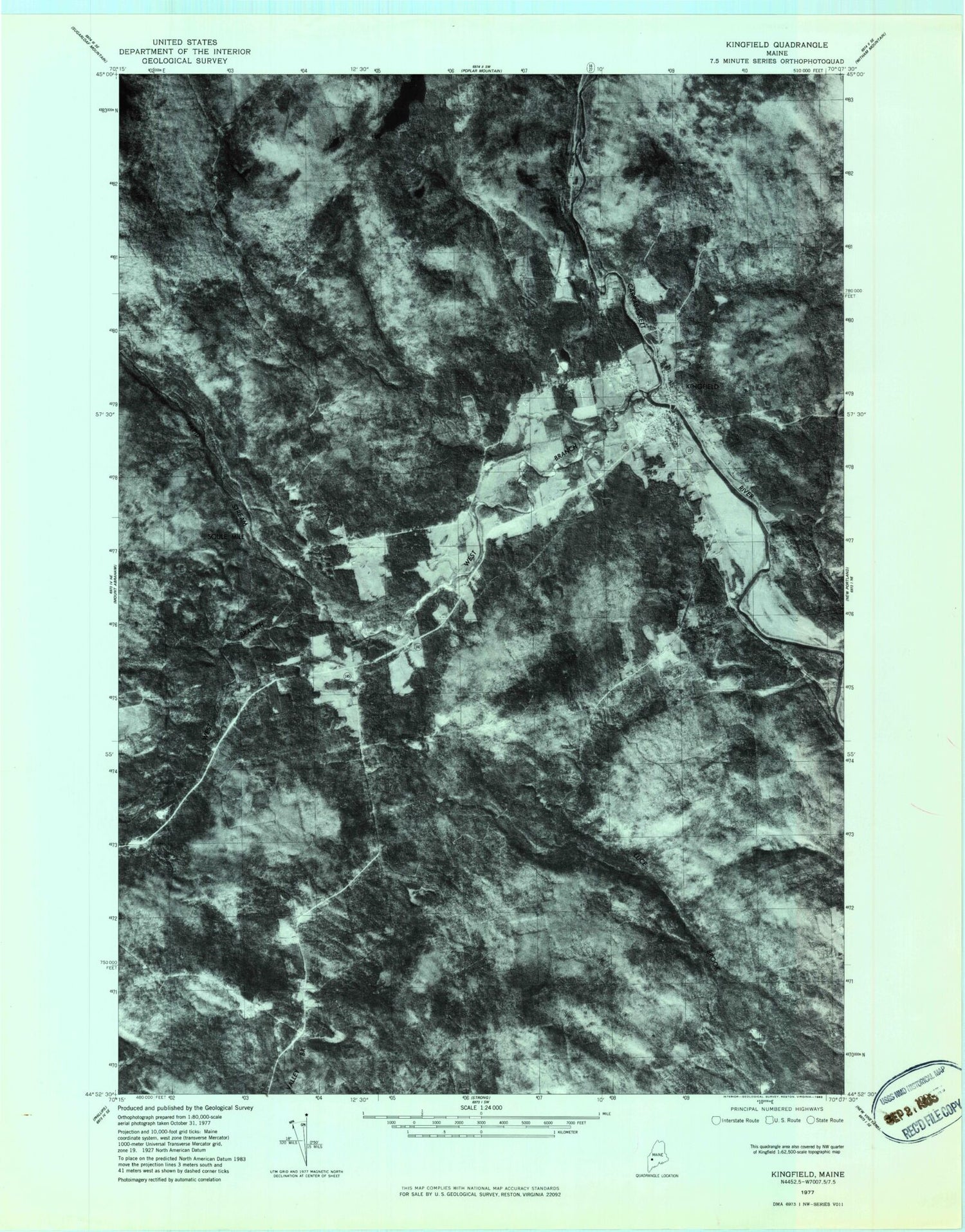 Classic USGS Kingfield Maine 7.5'x7.5' Topo Map Image