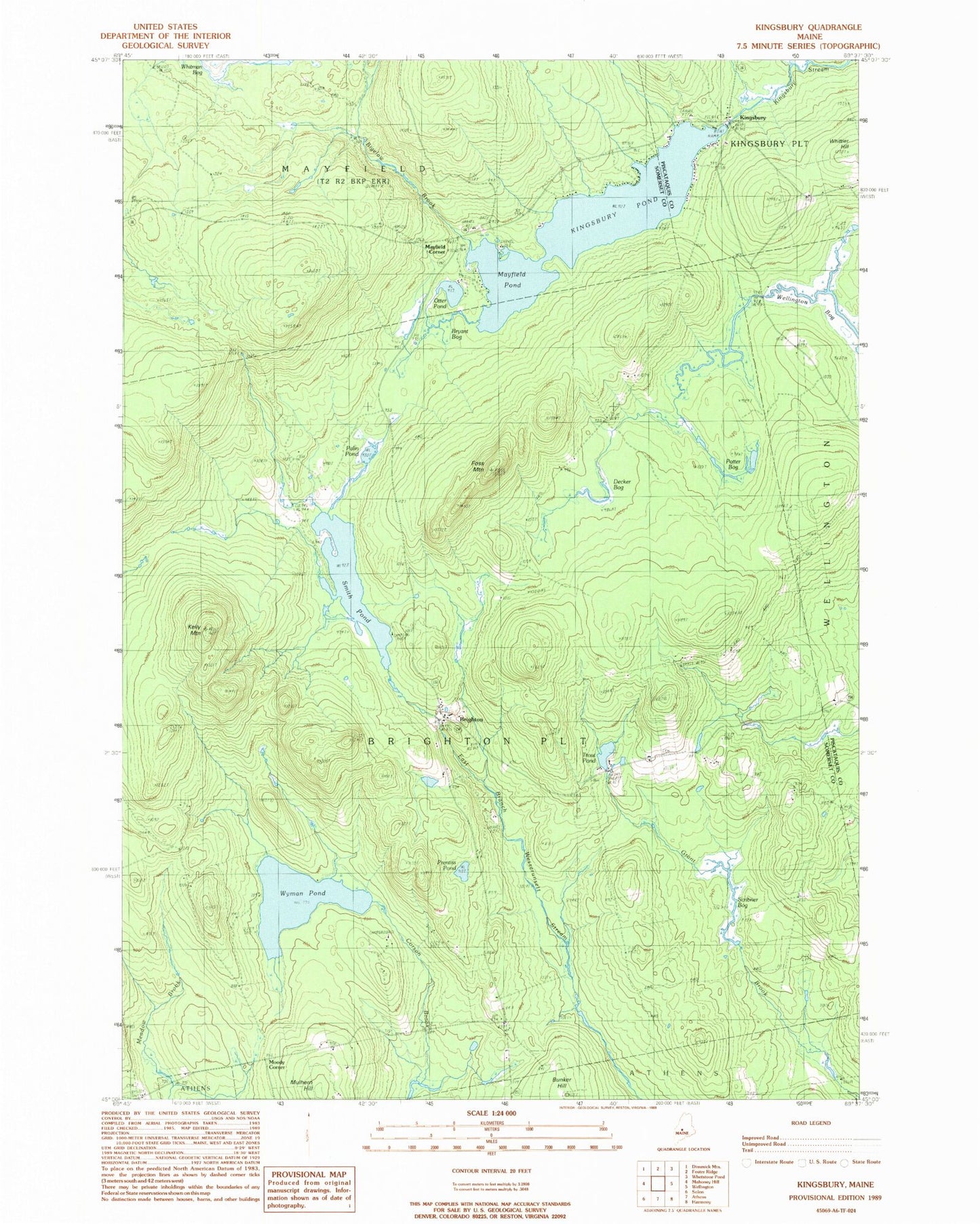 Classic USGS Kingsbury Maine 7.5'x7.5' Topo Map Image