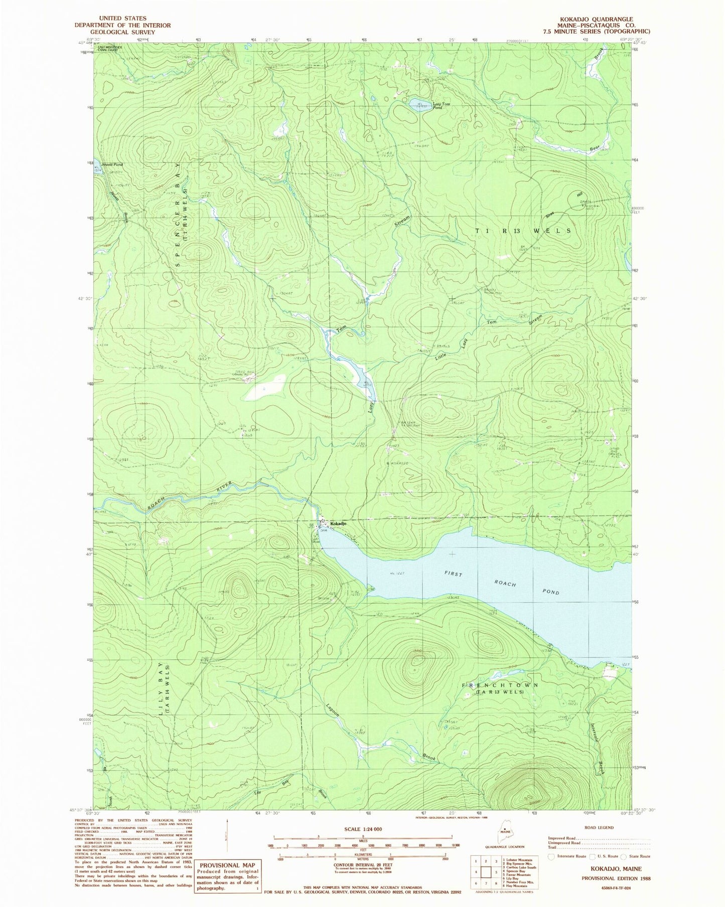 Classic USGS Kokadjo Maine 7.5'x7.5' Topo Map Image