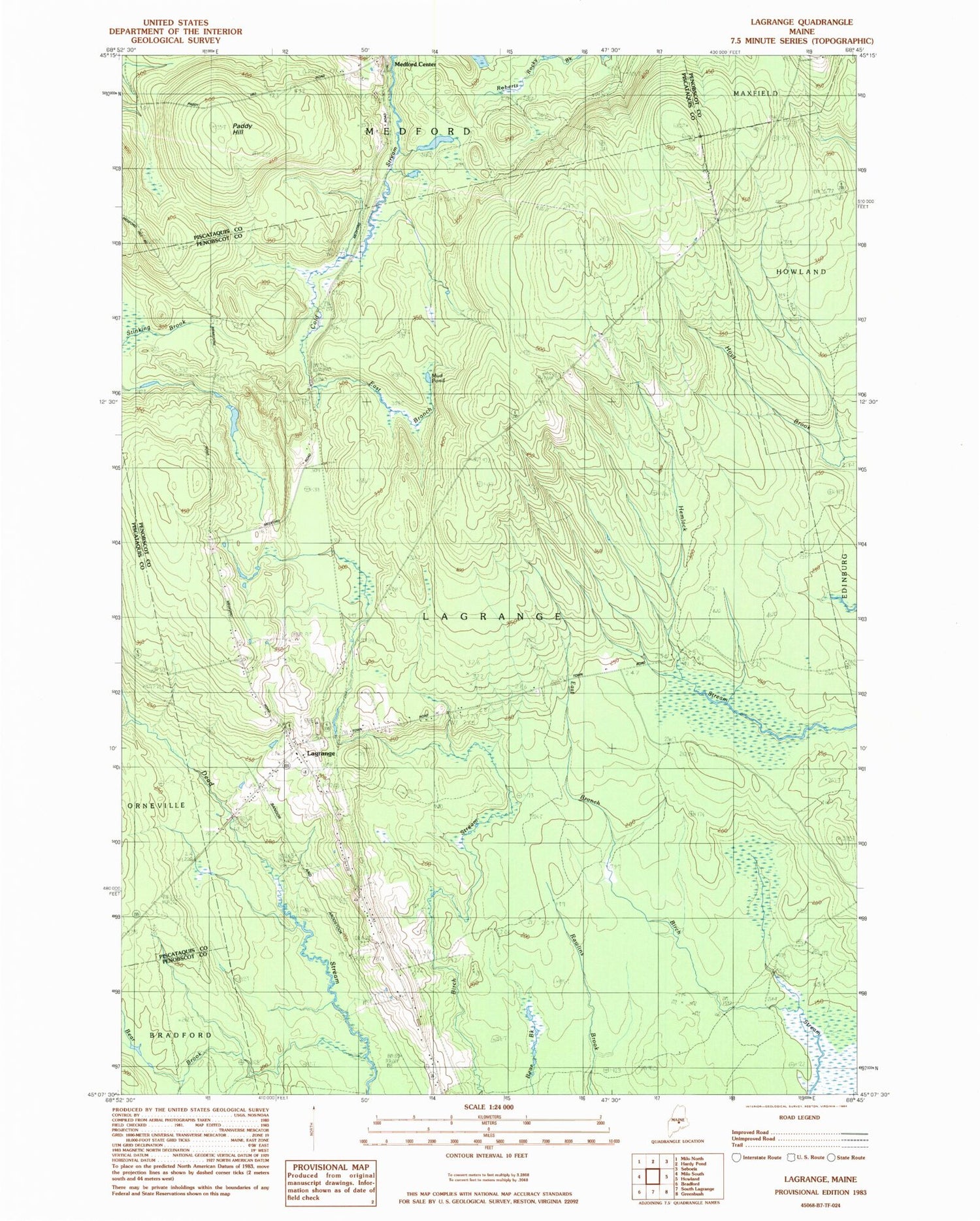 Classic USGS Lagrange Maine 7.5'x7.5' Topo Map Image